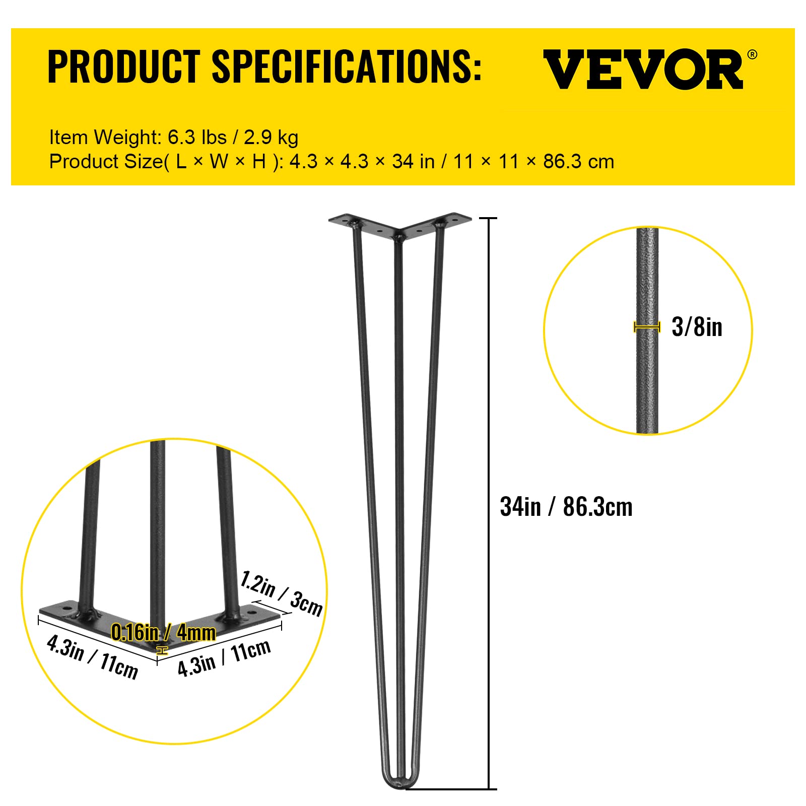 Foto 8 pulgar | Patas De Mesa Vevor Hairpin, 34 Cm, Acero Al Carbono Negro, Juego De 4 - Venta Internacional.