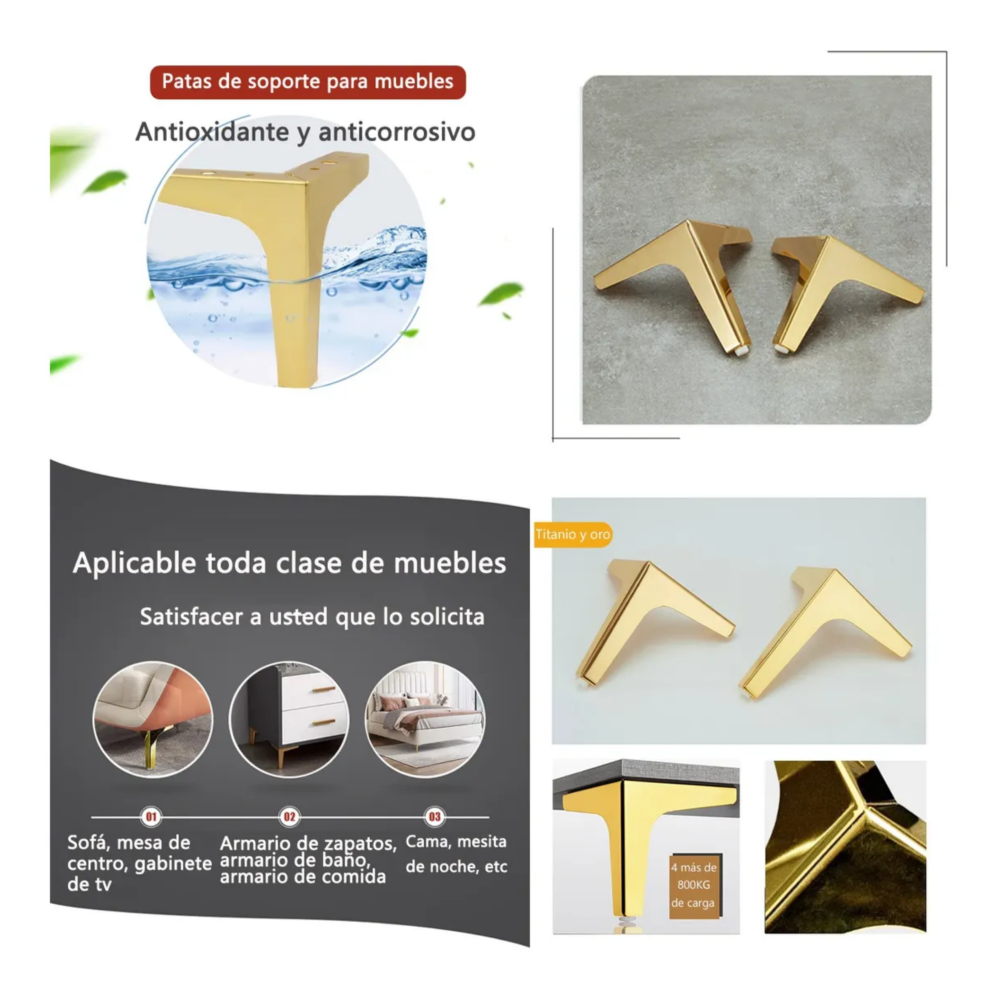 Foto 4 pulgar | Patas De Muebles Belug  Elevadores De Cama Sofá Apilables 4pz 10cm Dorado