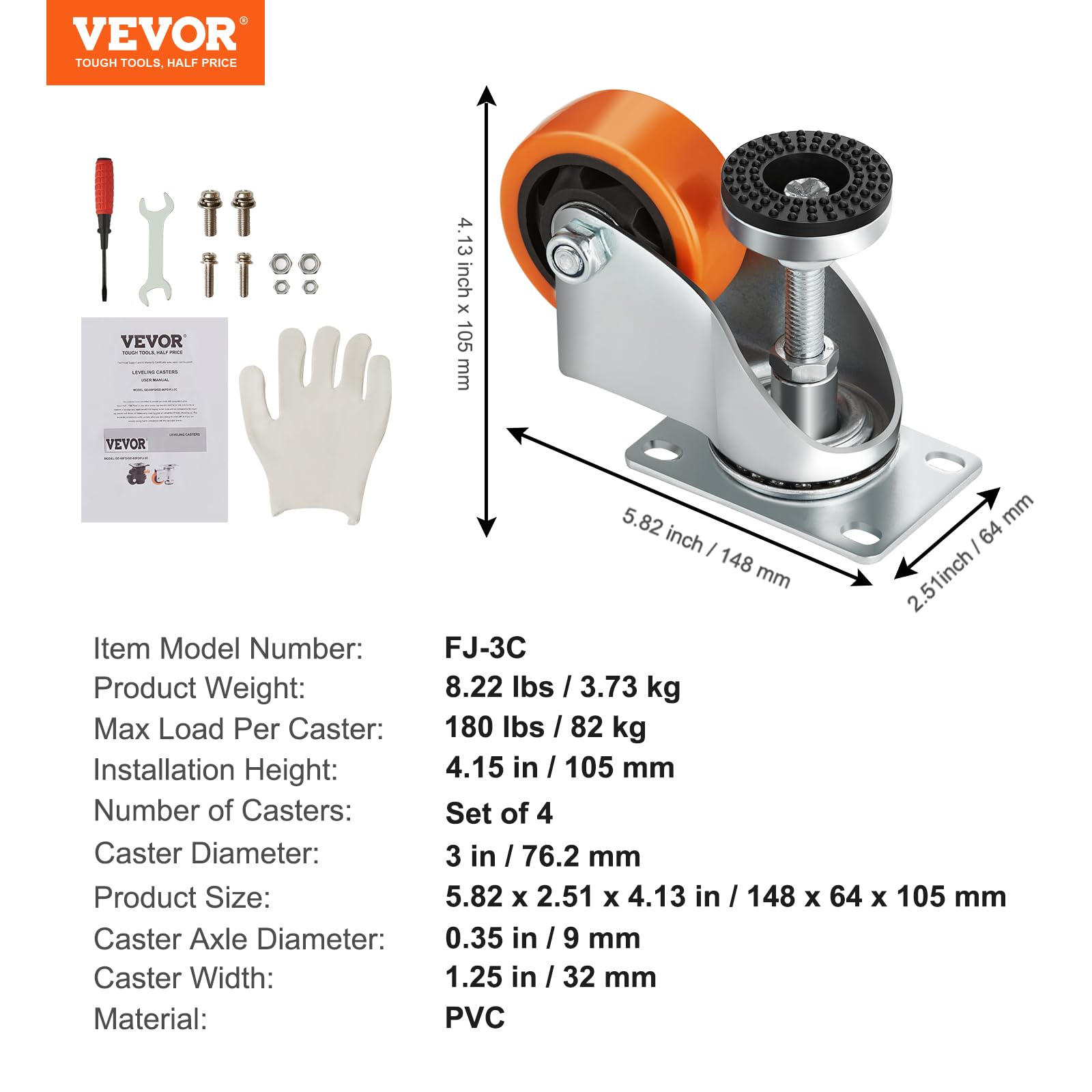 Foto 8 pulgar | Juego De 4 Ruedas Niveladoras Vevor Con Capacidad De Carga Total De 820 Kg - Venta Internacional.