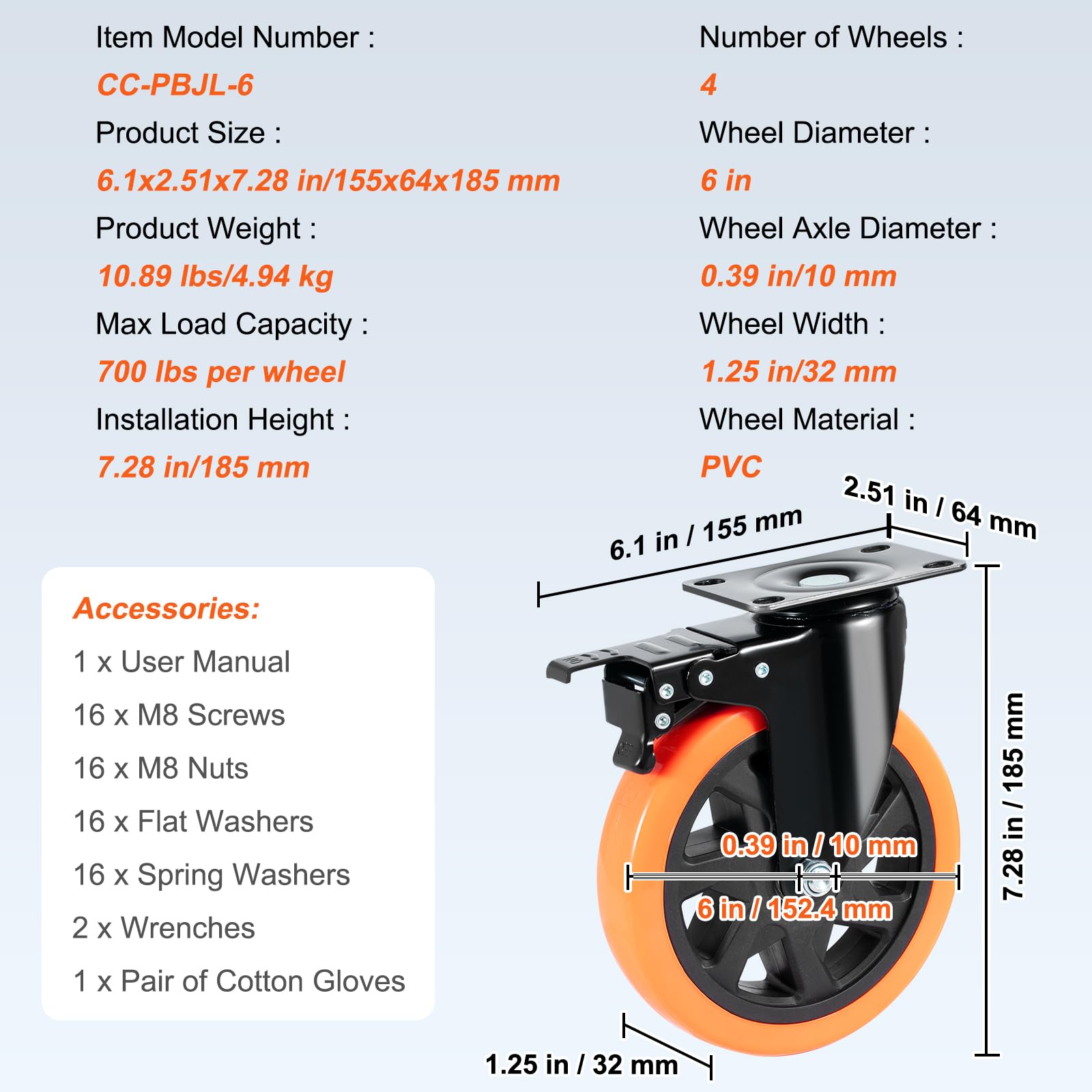 Foto 8 pulgar | Juego De 4 Platos Giratorios Vevor De 6 Pulgadas De Caster Wheels Para 2800 Libras - Venta Internacional.