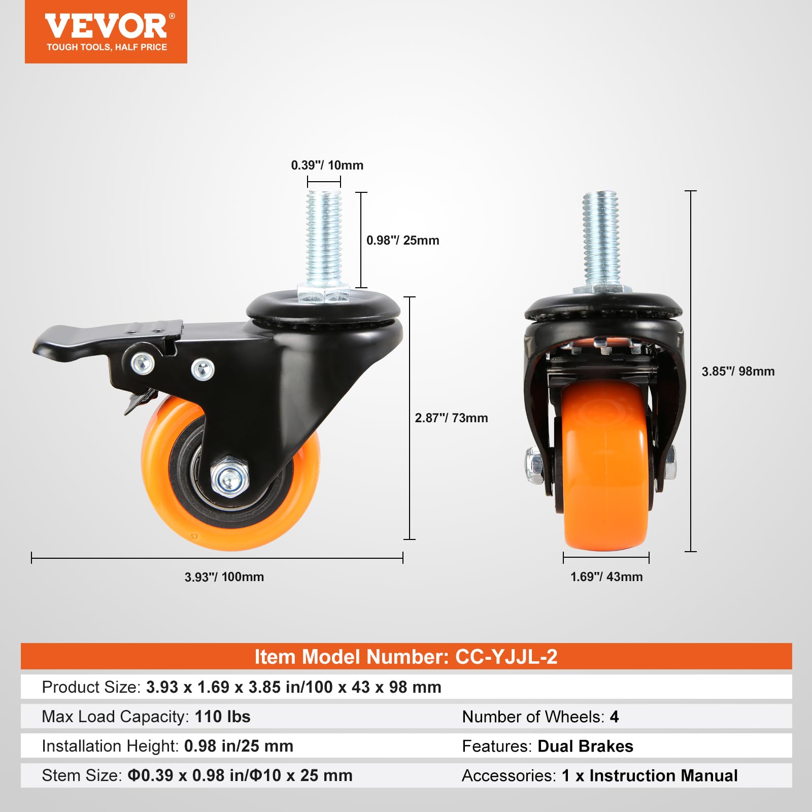 Foto 7 | Juego De 4 Ruedas Caster Wheels Vevor De 5 Cm Con Capacidad De Carga De 50 Kg - Venta Internacional.
