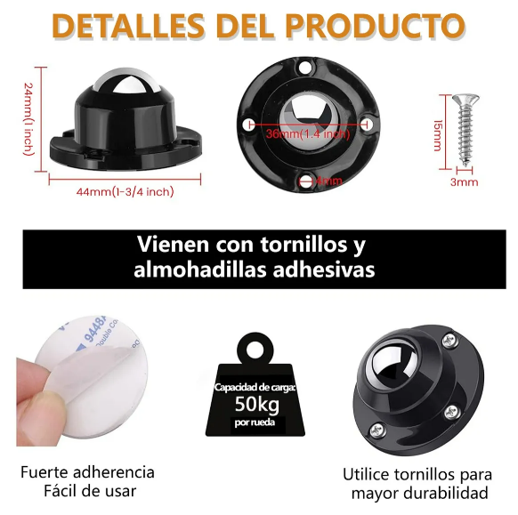 Foto 3 pulgar | Kit Xtellar Premium De Ruedas Giratorias 360° Autoadhesivas Para Muebles, Soportan 400kg (8 Unidades)