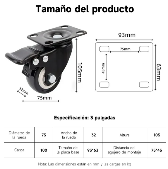 Foto 2 | Xtellar Rodajas Giratorias Premium De 3in Para Muebles Con Freno - Pack De 4