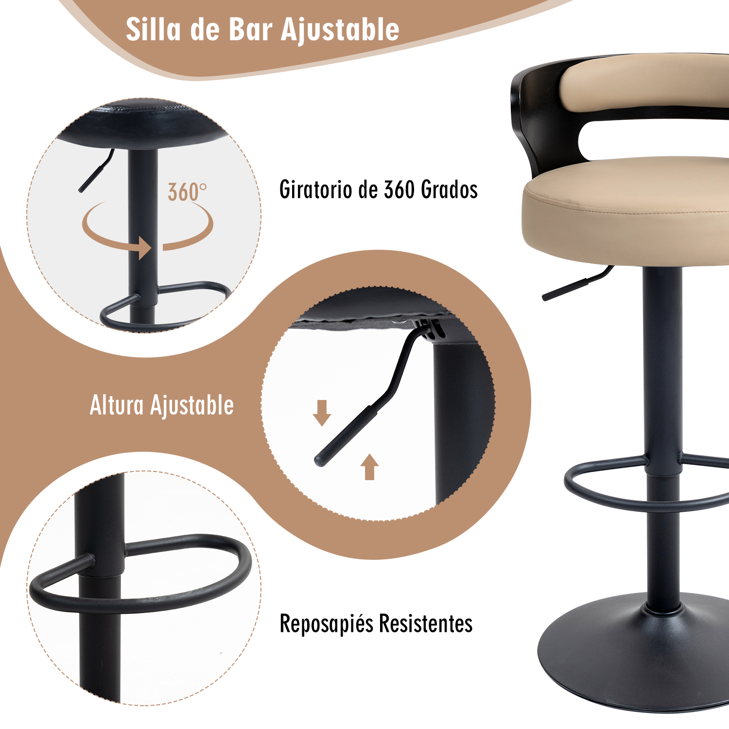 Foto 6 pulgar | Juego De 2 Taburetes De Barra Ajustables Beige