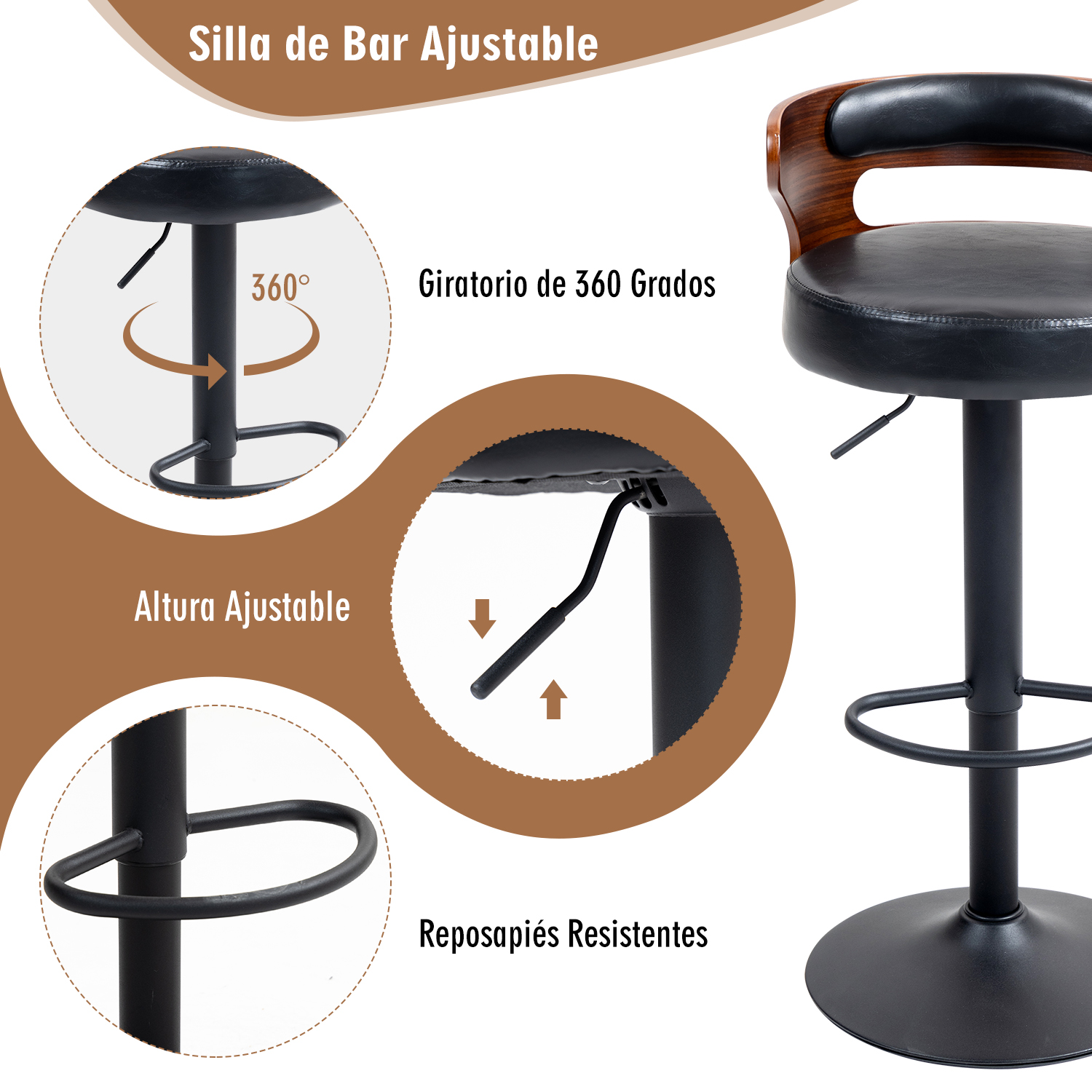 Foto 6 pulgar | Juego De 2 Taburetes De Barra Ajustables Negro