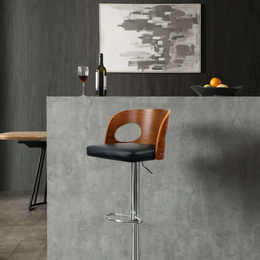 Foto 7 | Banco Alto Giratorio De Bar Con Altura Ajustable Color Negro Y Nogal Con Asiento En Cuero Sintético Y Base De Metal