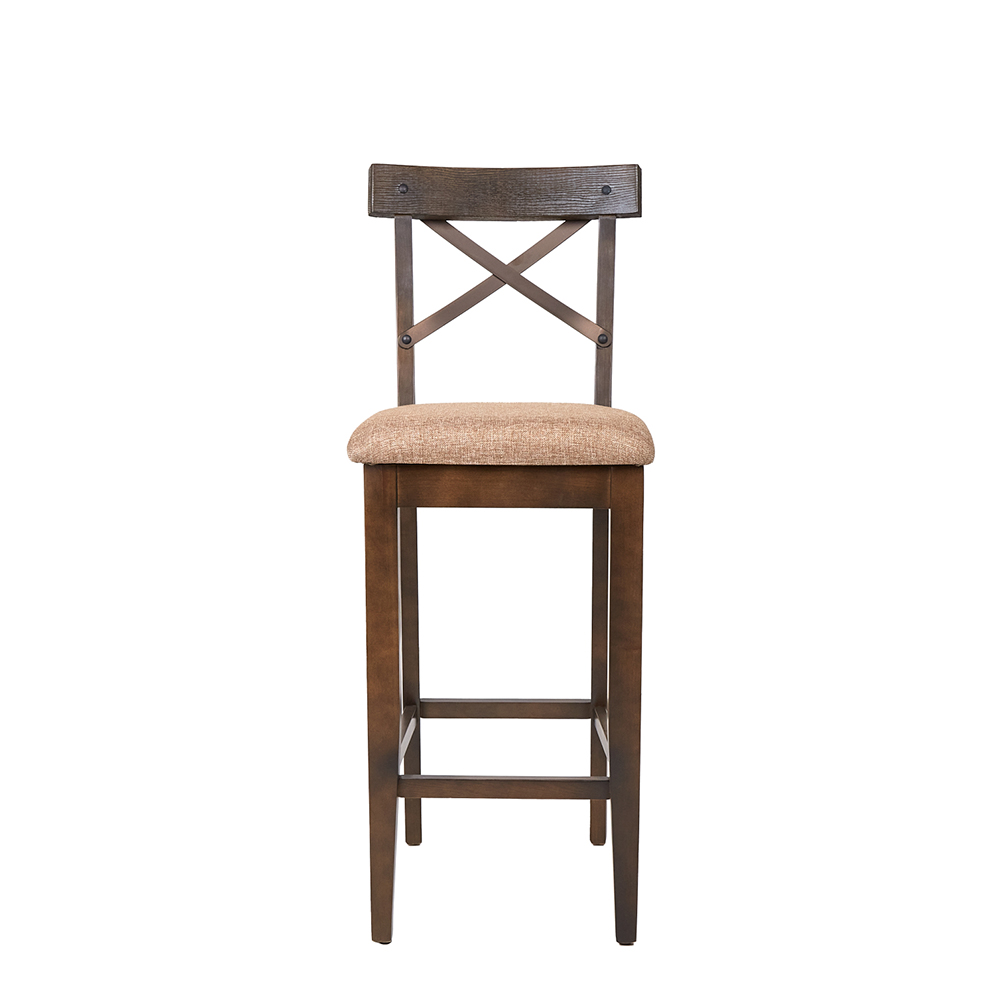 Banco Alto Color Beige Y Nogal Con Asiento Acolchado Y Estructura De Madera Industrial