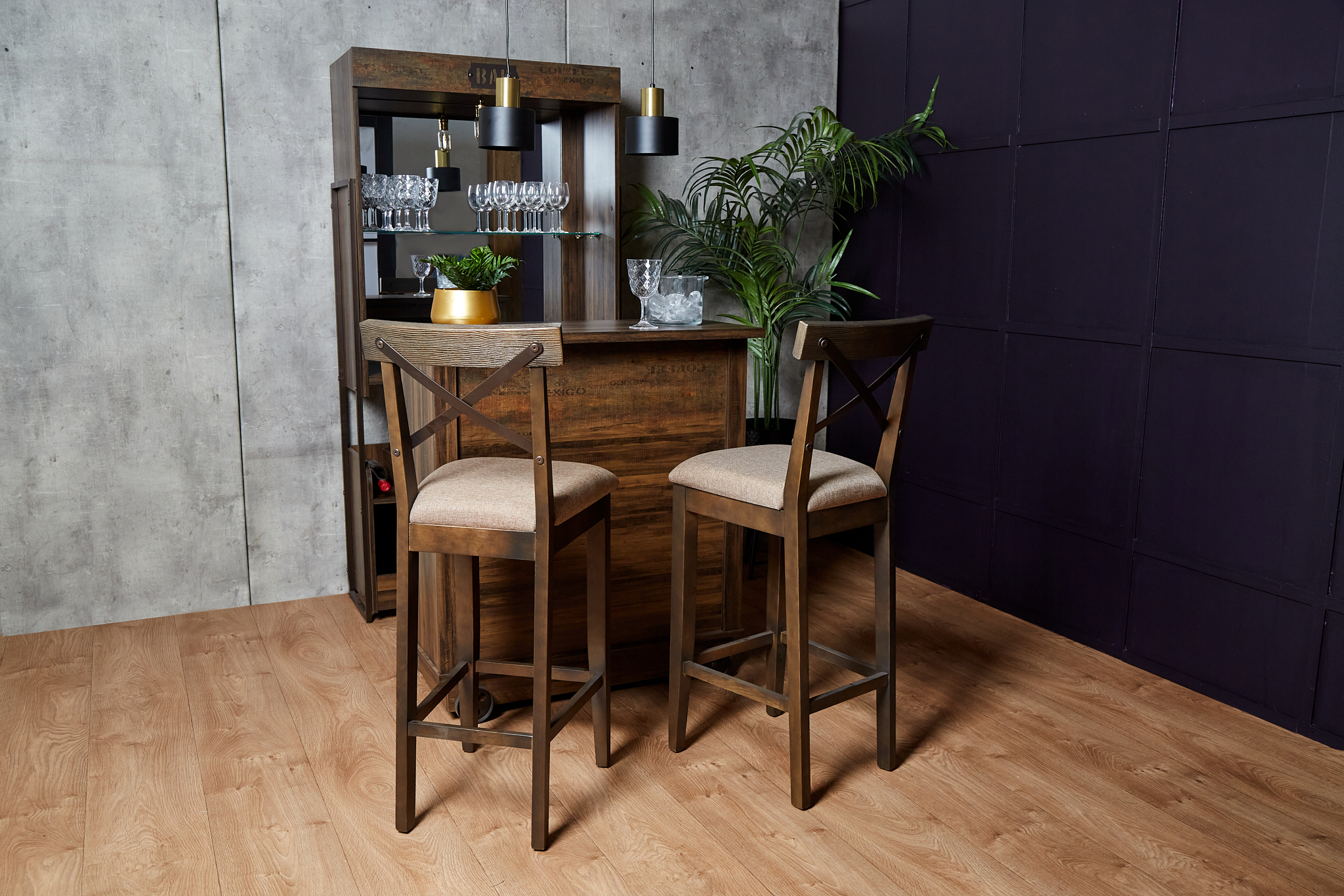 Foto 5 | Banco Alto Color Beige Y Nogal Con Asiento Acolchado Y Estructura De Madera Industrial