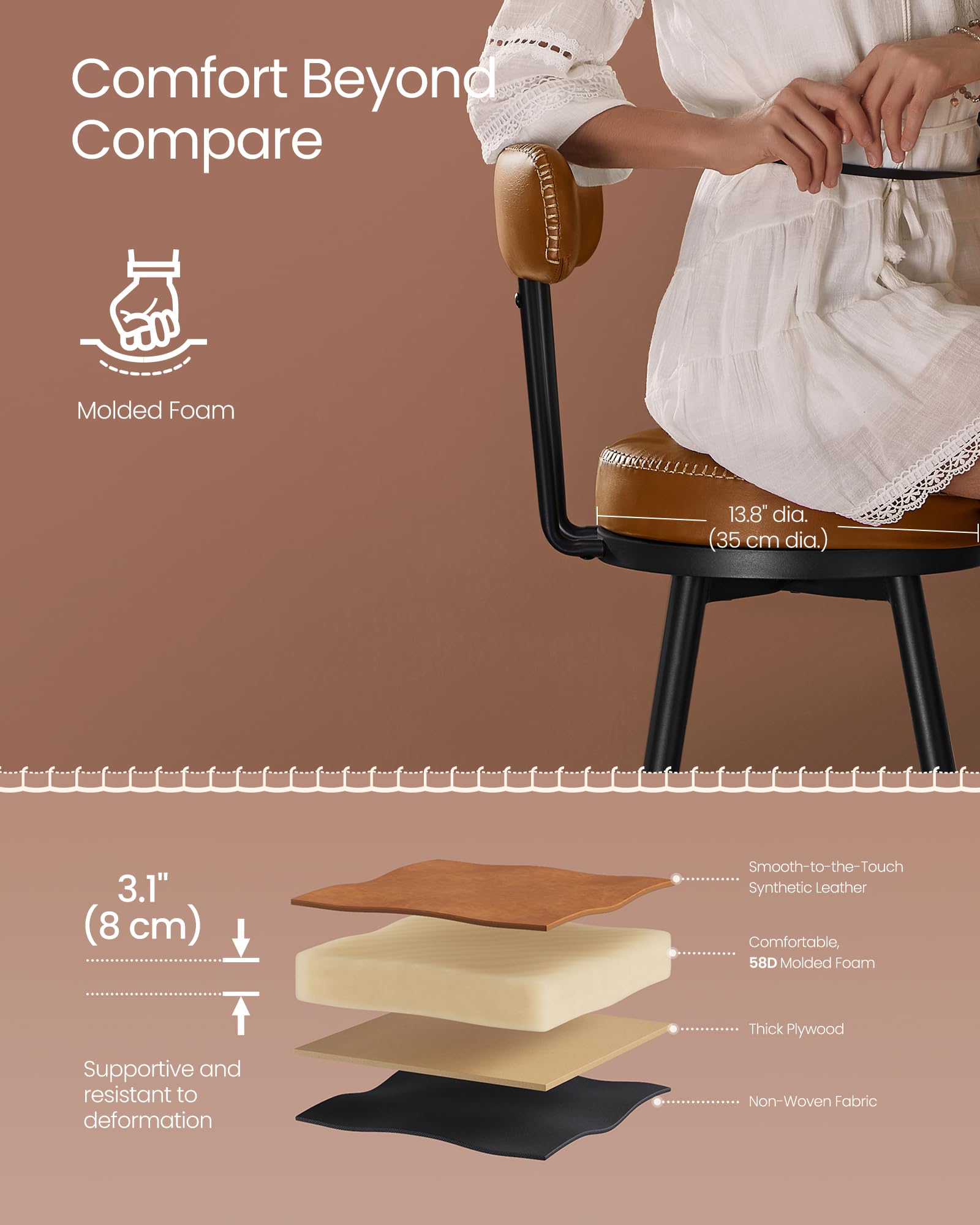 Foto 3 | Taburetes De Bar De La Colección Vasagle Ekho, Juego De 2 Unidades, Color Marrón Caramelo