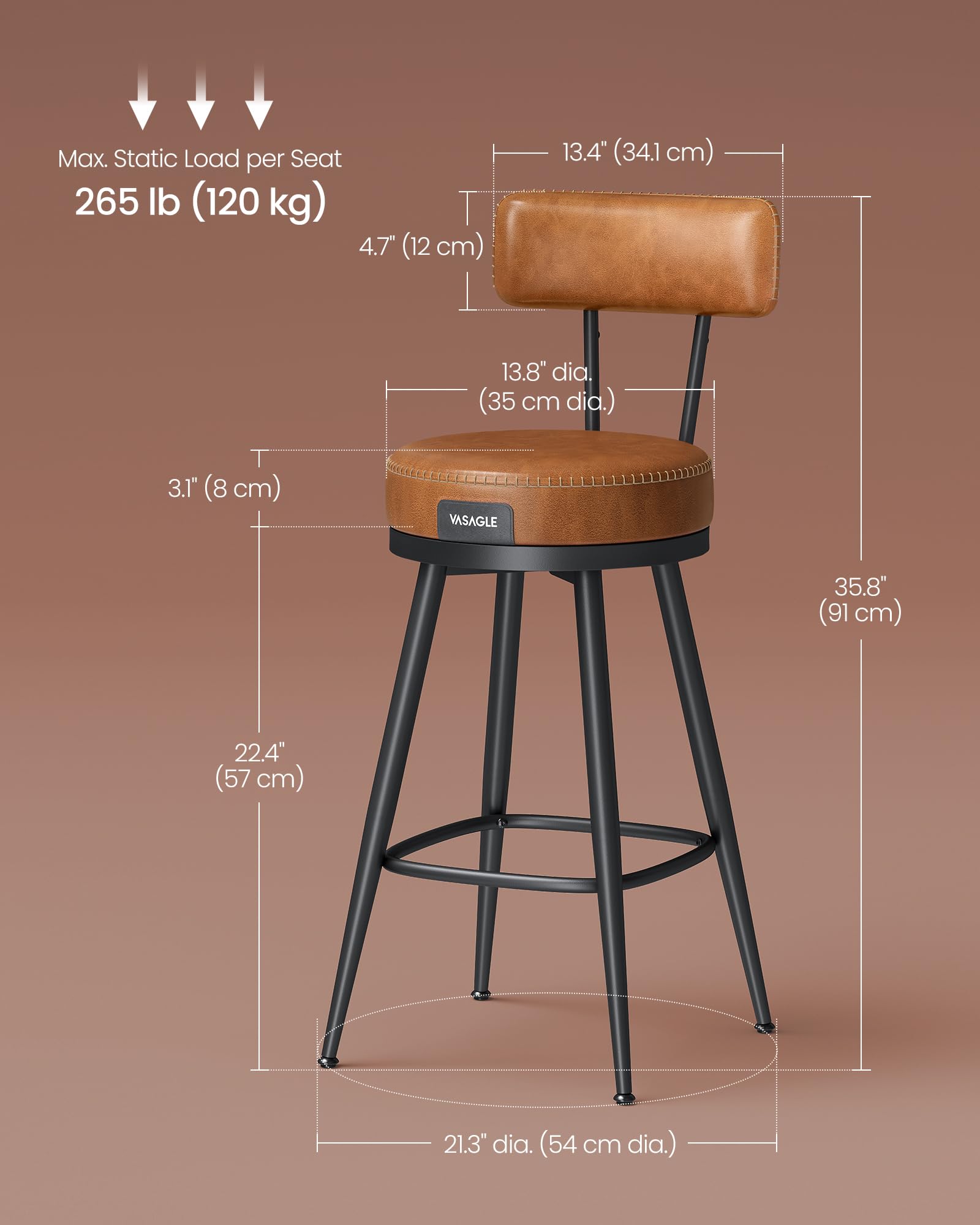 Foto 5 | Taburetes De Bar De La Colección Vasagle Ekho, Juego De 2 Unidades, Color Marrón Caramelo