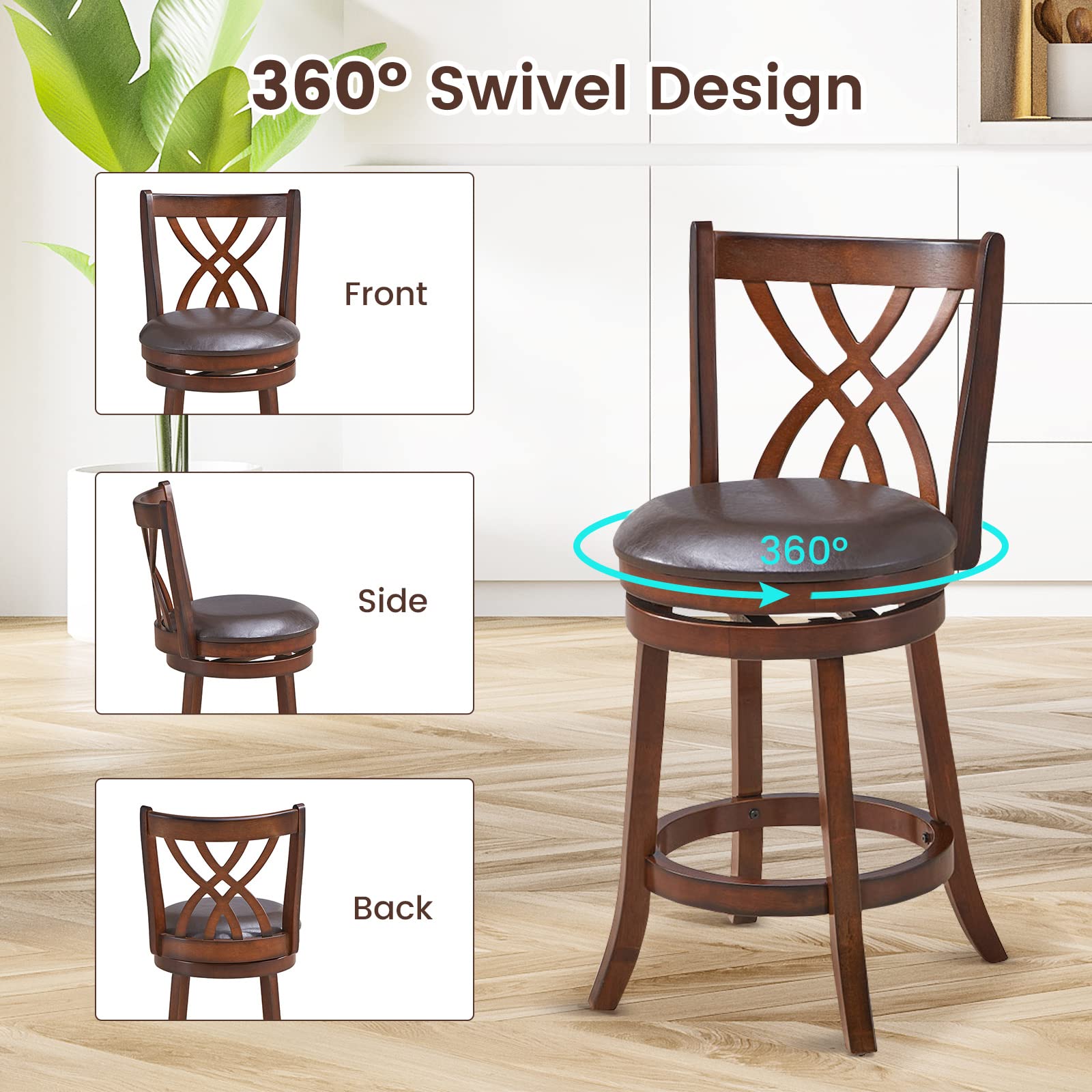 Foto 5 pulgar | Juego De 4 Taburetes De Bar Costway, Giratorios 360°, Marco De Madera De Caucho - Venta Internacional.