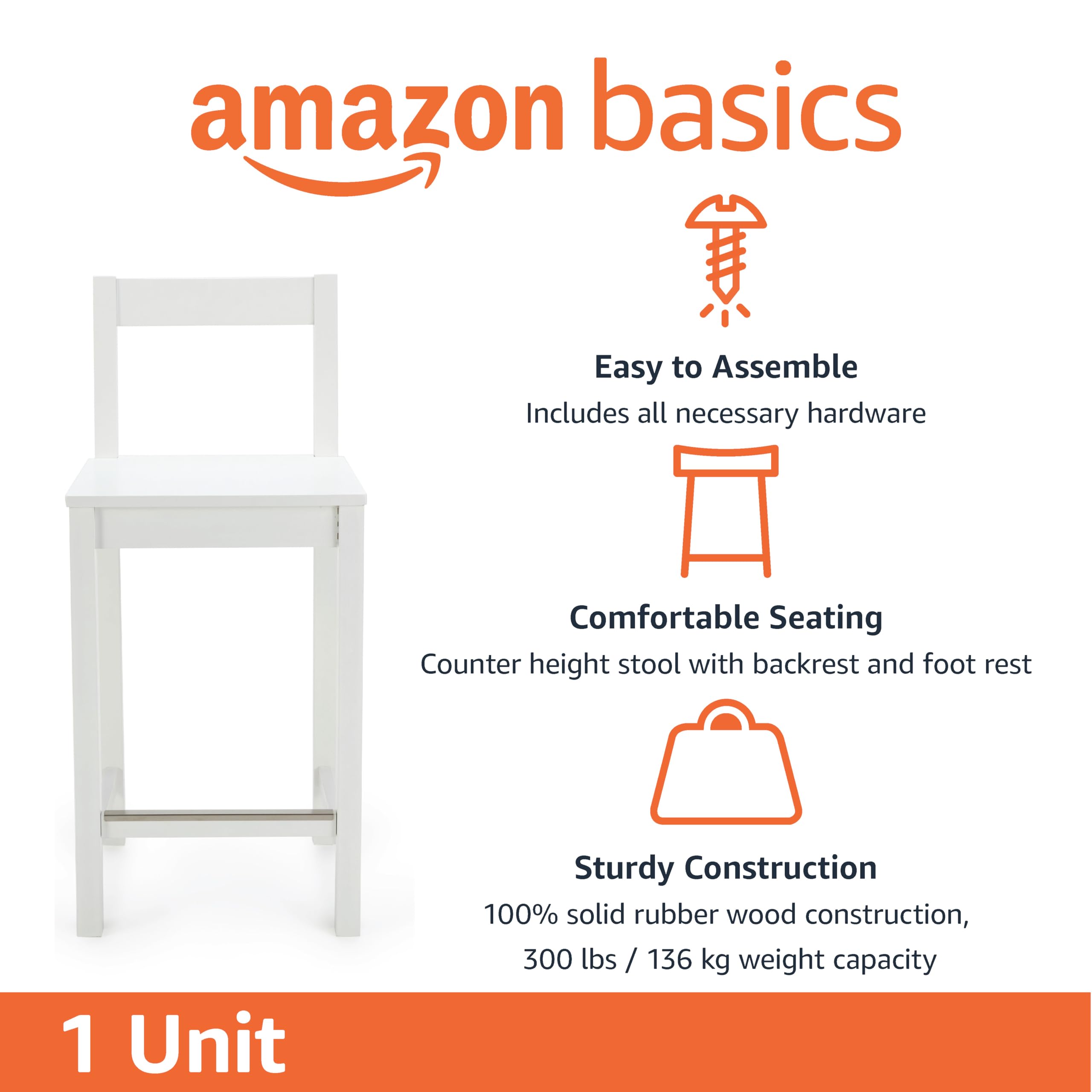 Foto 4 pulgar | Taburete De Bar Amazon Basics De Madera Con Respaldo Blanco - Venta Internacional.