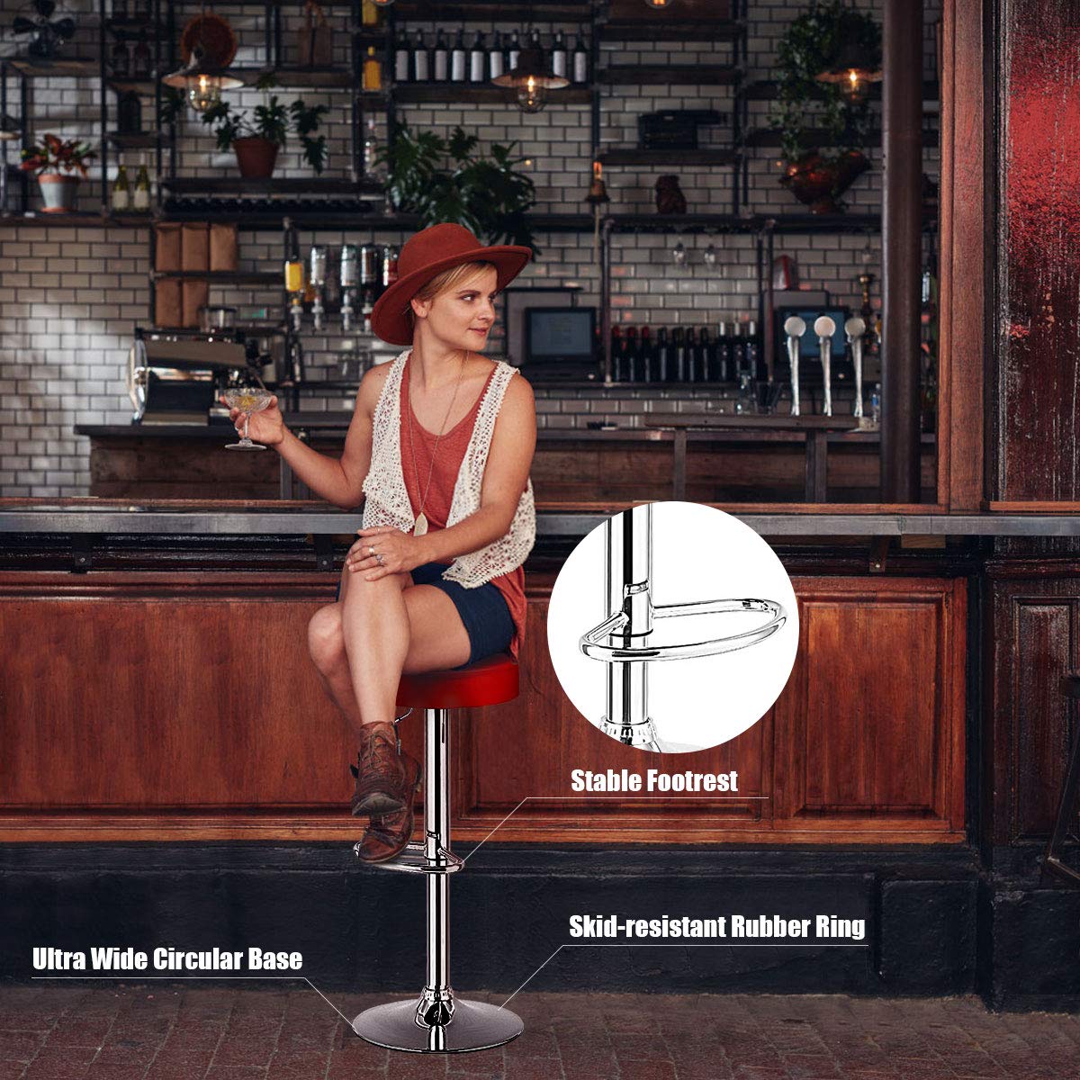 Foto 7 | Taburetes De Bar Costway, Modernos, Giratorios, Sin Respaldo, Piel Sintética, Color Rojo - Venta Internacional.