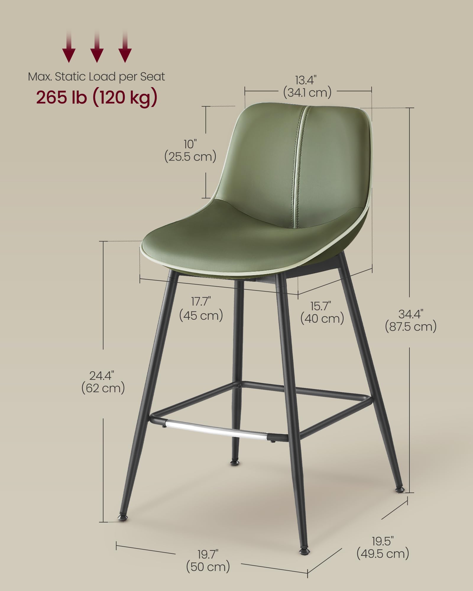 Foto 7 pulgar | Taburetes De Bar Vasagle Con Altura De Mostrador Y Respaldo, Juego De 2 Unidades, Color Verde - Venta Internacional.