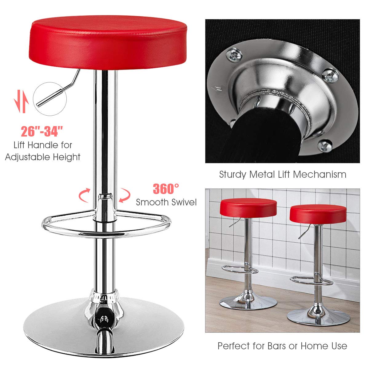 Foto 6 pulgar | Taburetes De Bar Costway, Modernos, Giratorios, Sin Respaldo, Piel Sintética, Color Rojo - Venta Internacional.