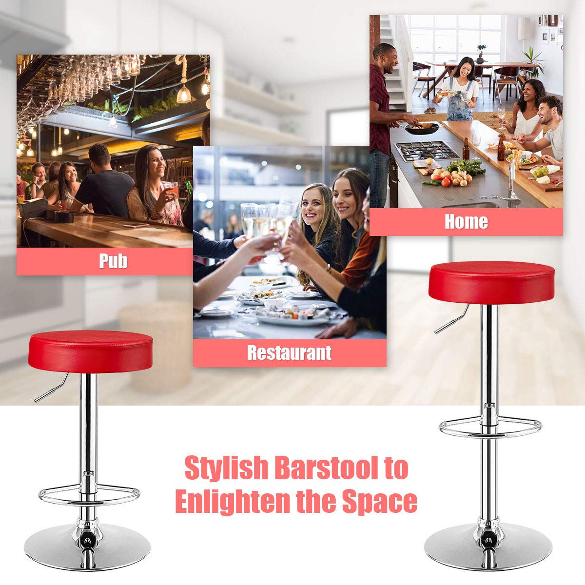 Foto 7 | Taburetes De Bar Costway, Modernos, Giratorios, Sin Respaldo, Piel Sintética, Color Rojo - Venta Internacional.