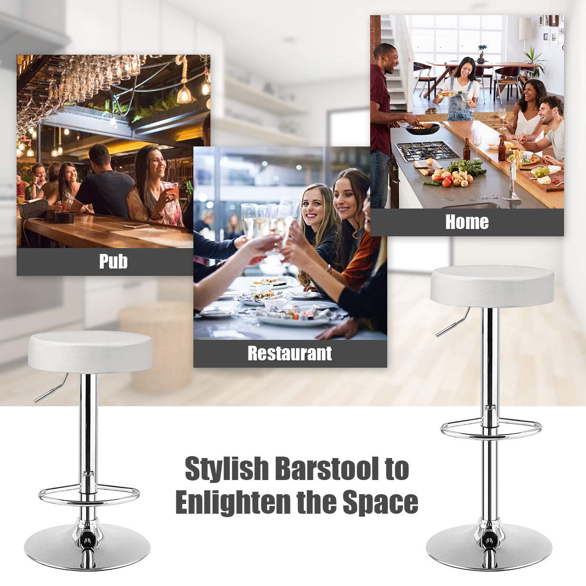 Foto 7 | Taburetes De Bar Costway, Modernos, Giratorios, Sin Respaldo, Piel Sintética, Color Blanco - Venta Internacional.