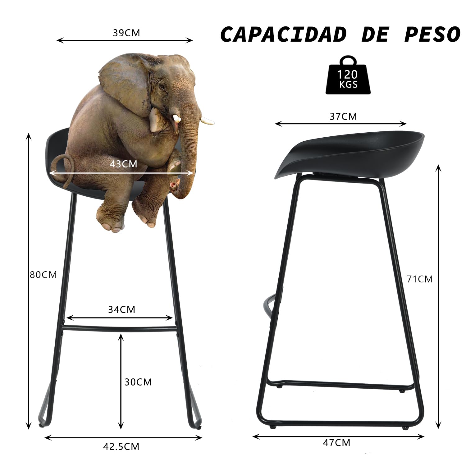 Foto 4 pulgar | Taburete De Bar Furniturer Fiyaner Negro 43 X 47 X 80 Cm