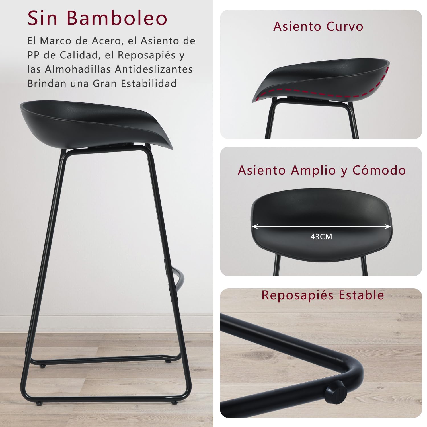 Foto 6 pulgar | Taburete De Bar Furniturer Fiyaner Negro 43 X 47 X 80 Cm