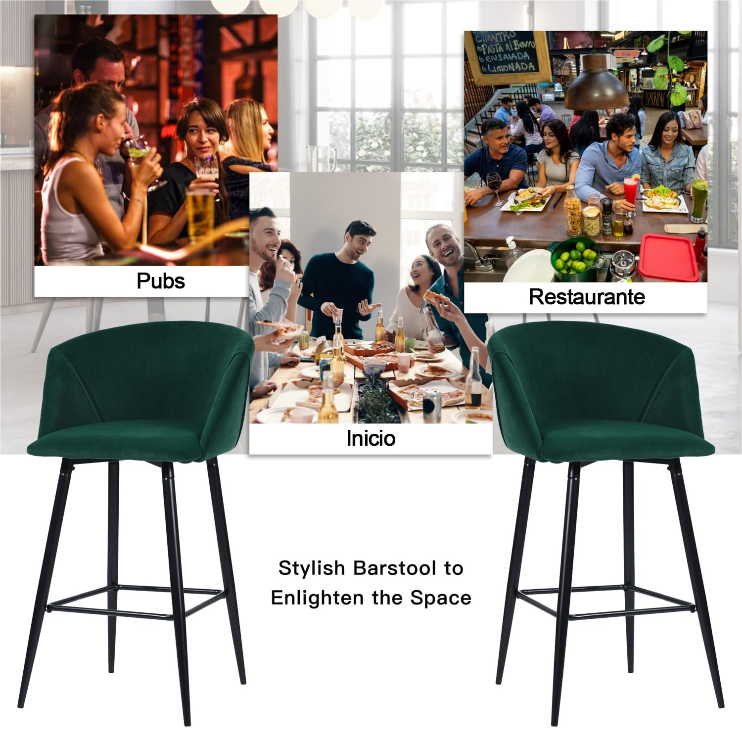 Foto 8 | Taburete De Bar Furniturer Aldridge Verde 47.5 X 47.5 X 97 Cm