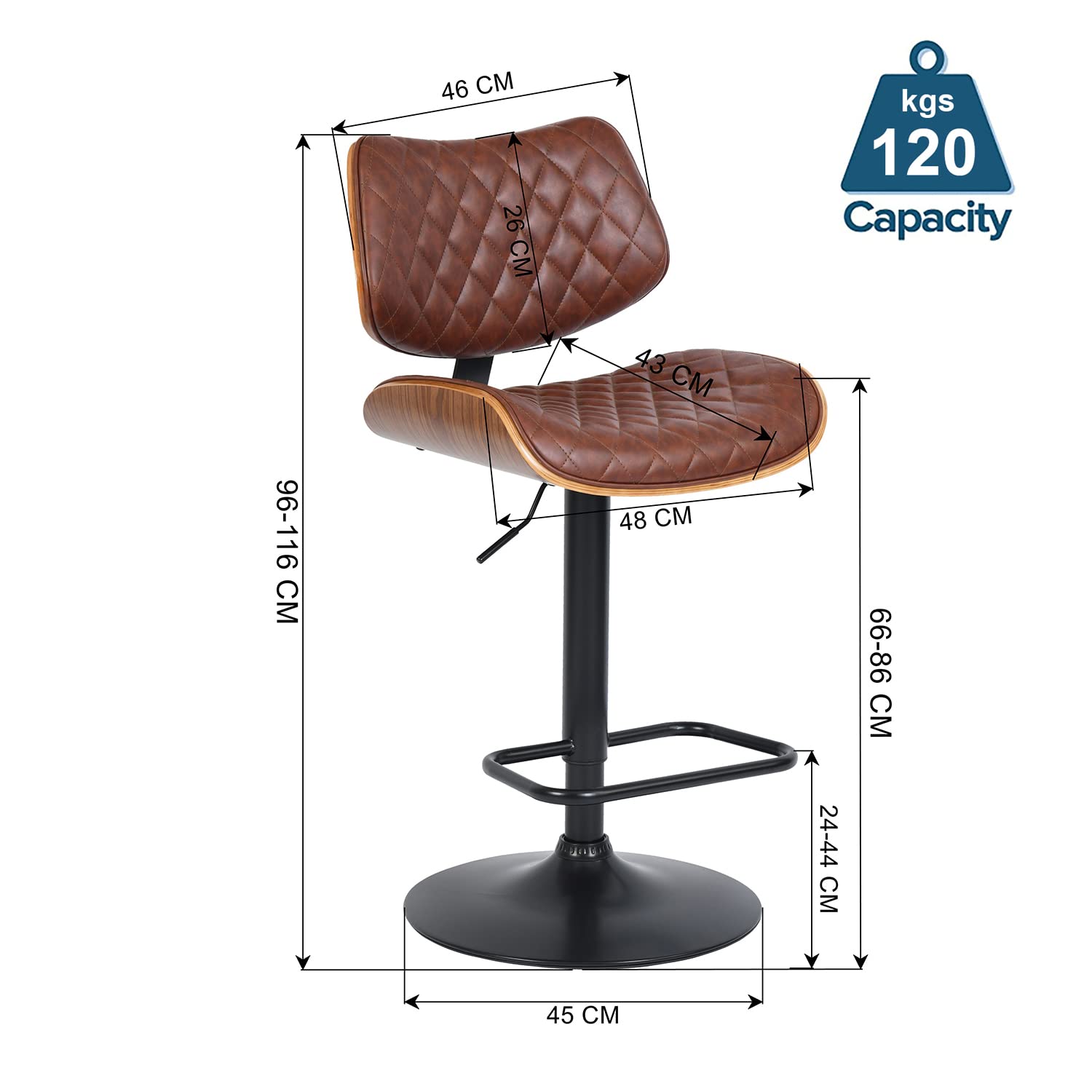 Foto 4 pulgar | Taburete De Bar Furniturer Donte Marrón 48 X 45 X 96-116 Cm