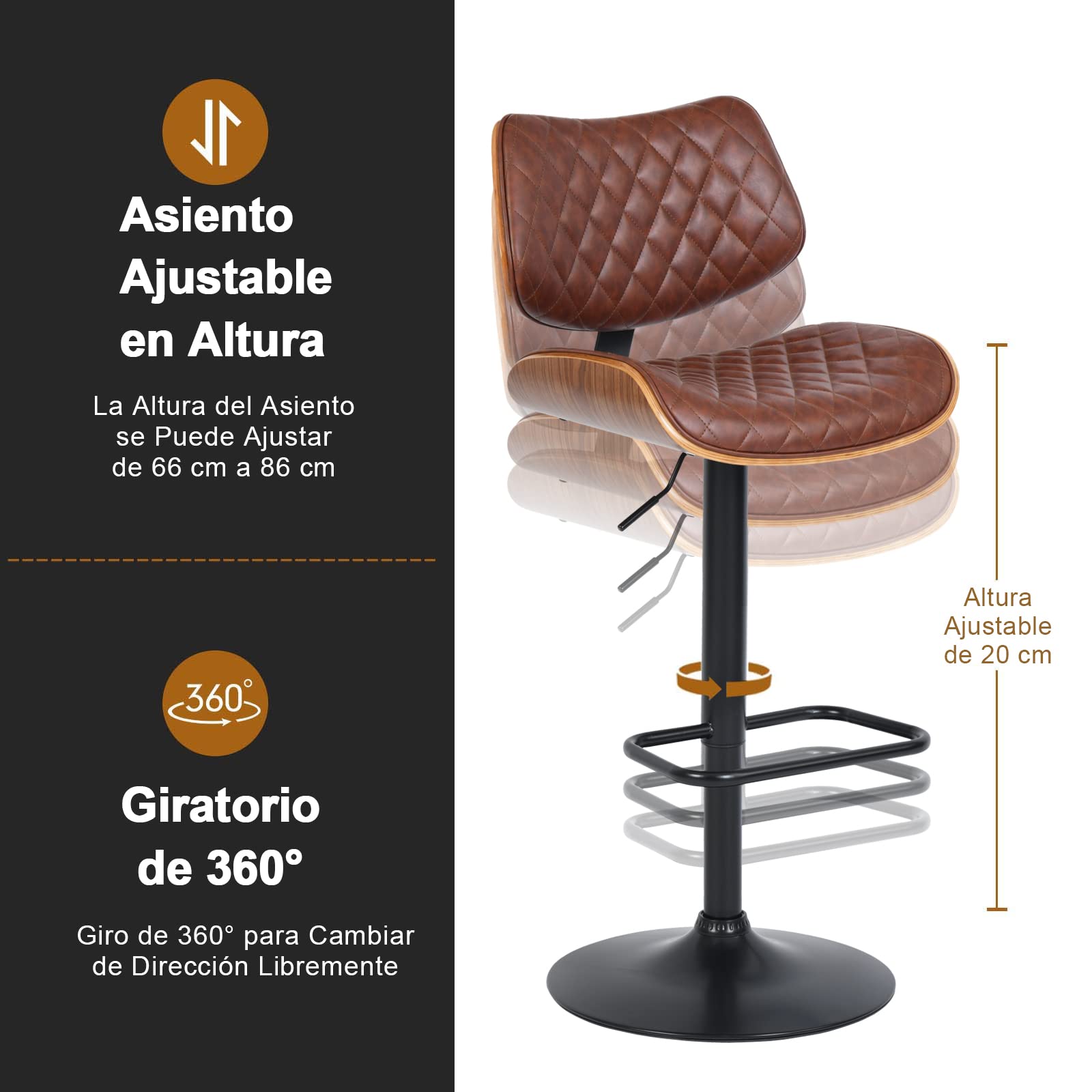 Foto 5 | Taburete De Bar Furniturer Donte Marrón 48 X 45 X 96-116 Cm