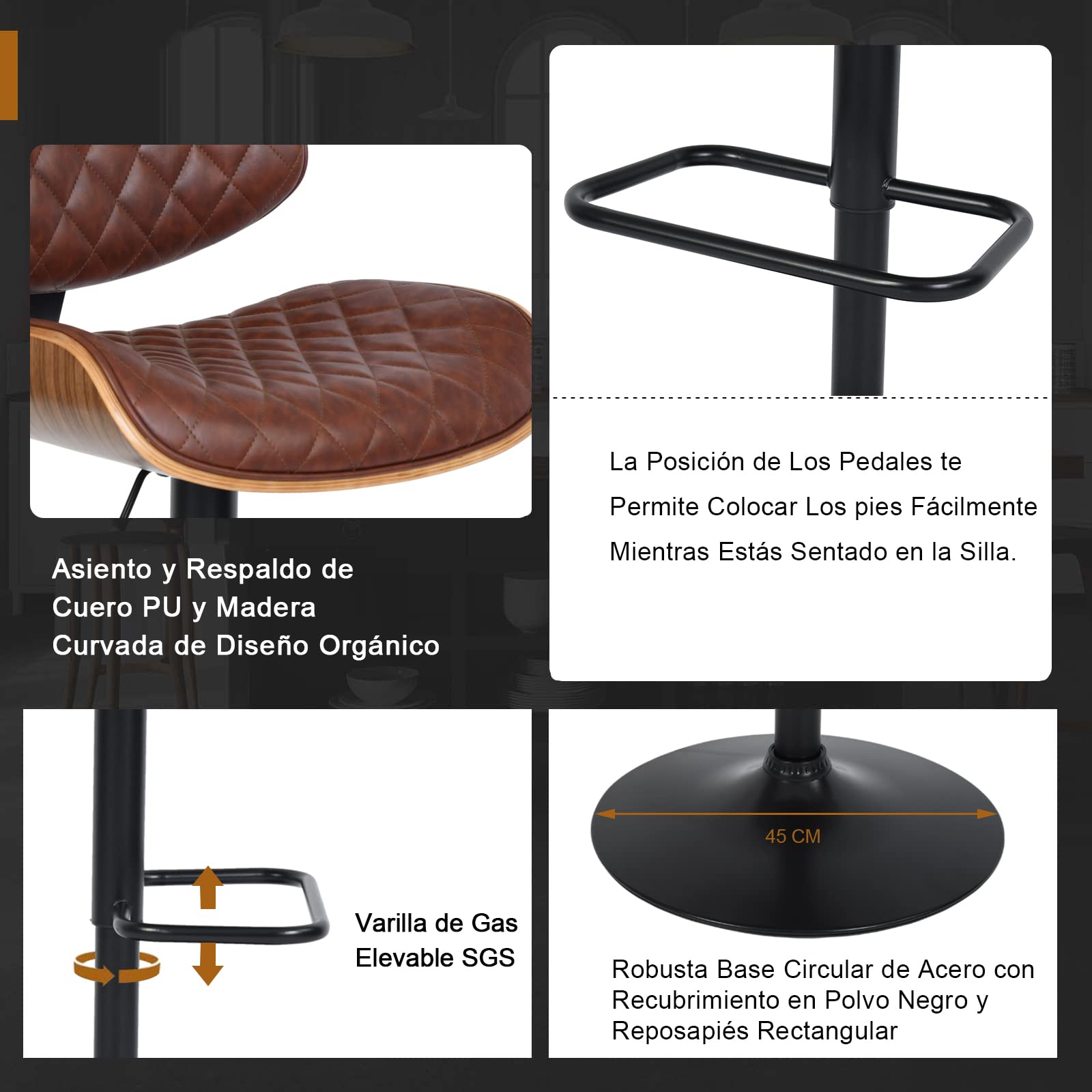 Foto 7 | Taburete De Bar Furniturer Donte Marrón 48 X 45 X 96-116 Cm
