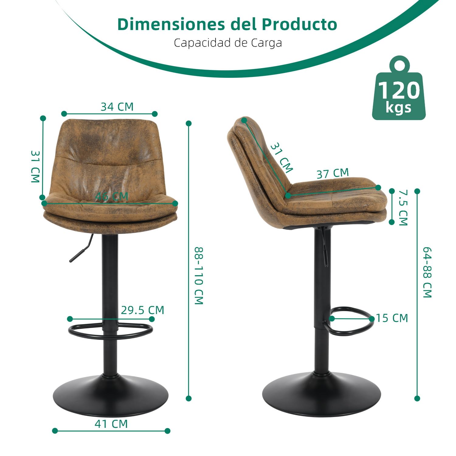 Foto 4 pulgar | Taburete De Bar Furniturer Hober Marrón 46 X 41 X 88 - 110 Cm