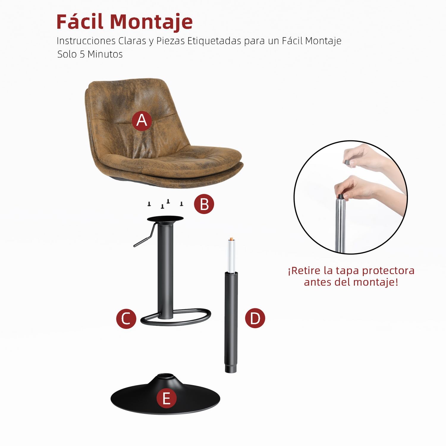 Foto 6 pulgar | Taburete De Bar Furniturer Hober Marrón 46 X 41 X 88 - 110 Cm