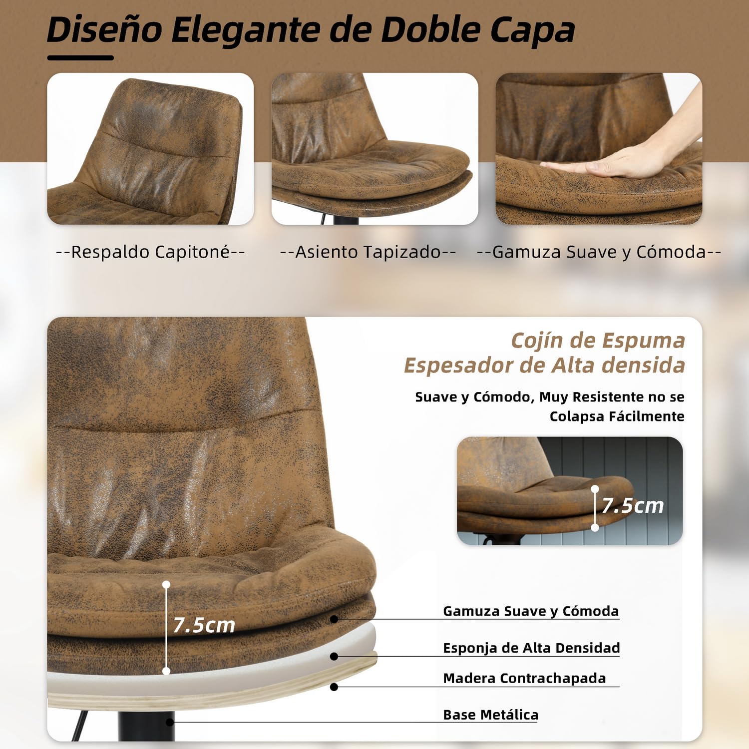 Foto 7 pulgar | Taburete De Bar Furniturer Hober Marrón 46 X 41 X 88 - 110 Cm