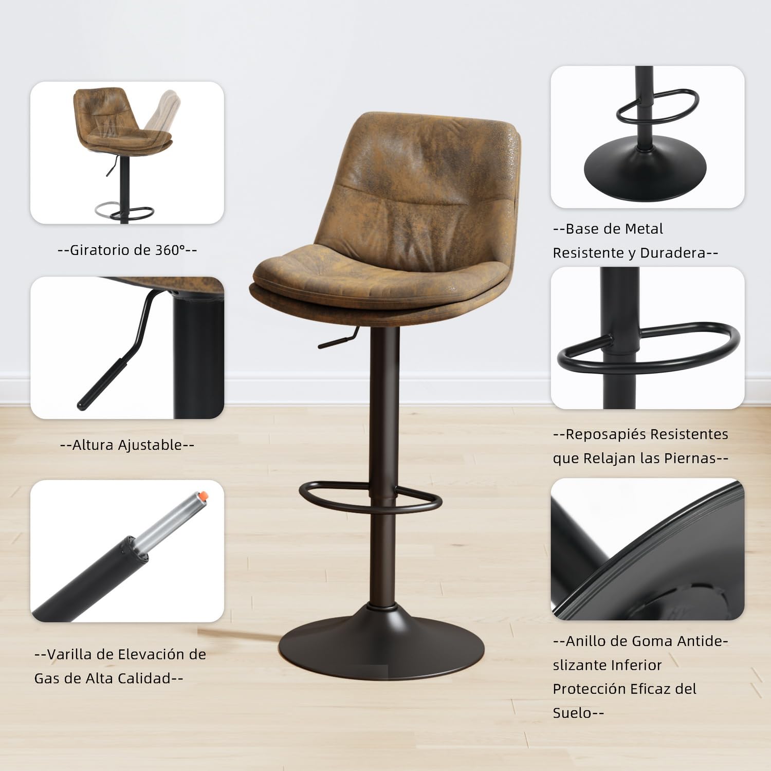 Foto 9 pulgar | Taburete De Bar Furniturer Hober Marrón 46 X 41 X 88 - 110 Cm