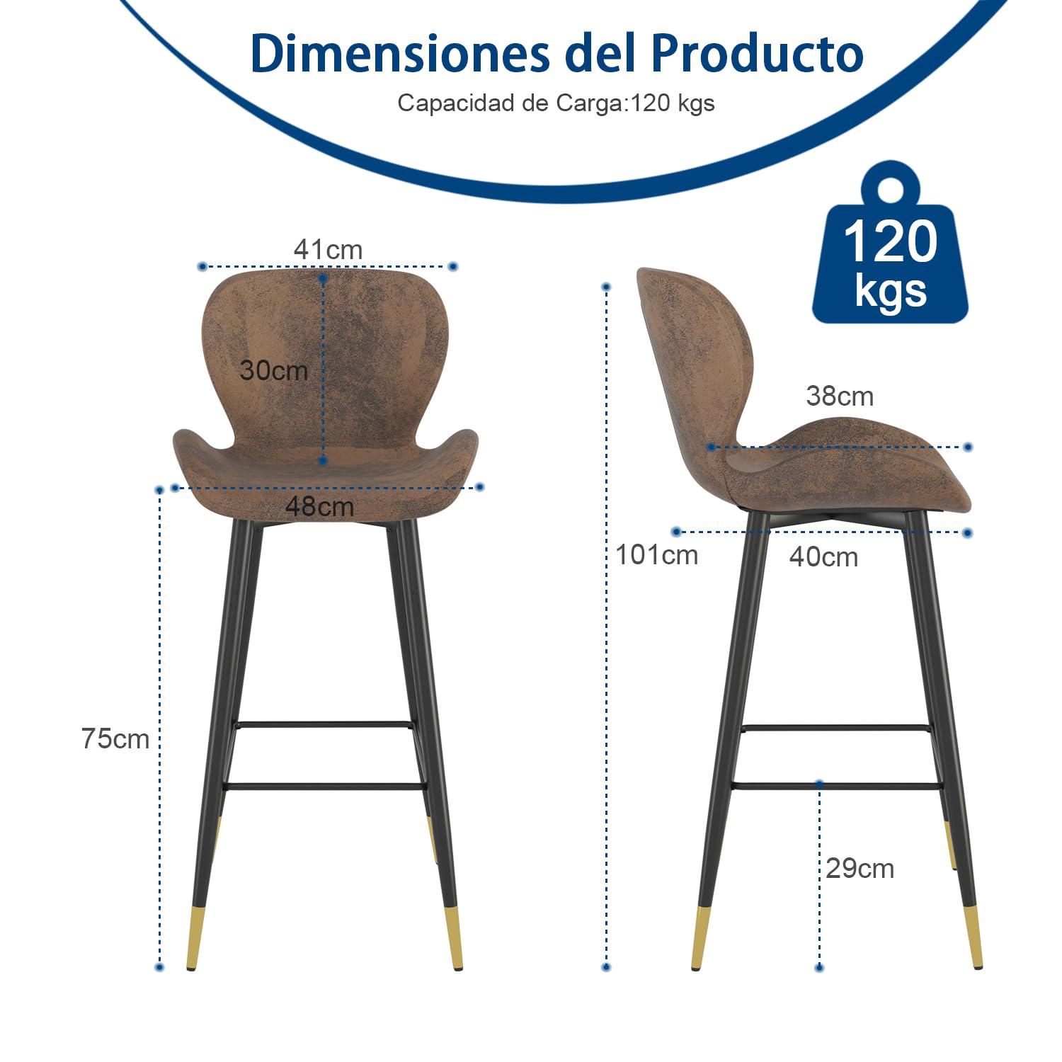 Foto 4 pulgar | Taburete De Bar Furniturer Julian Marrón 48 X 40 X 101 Cm
