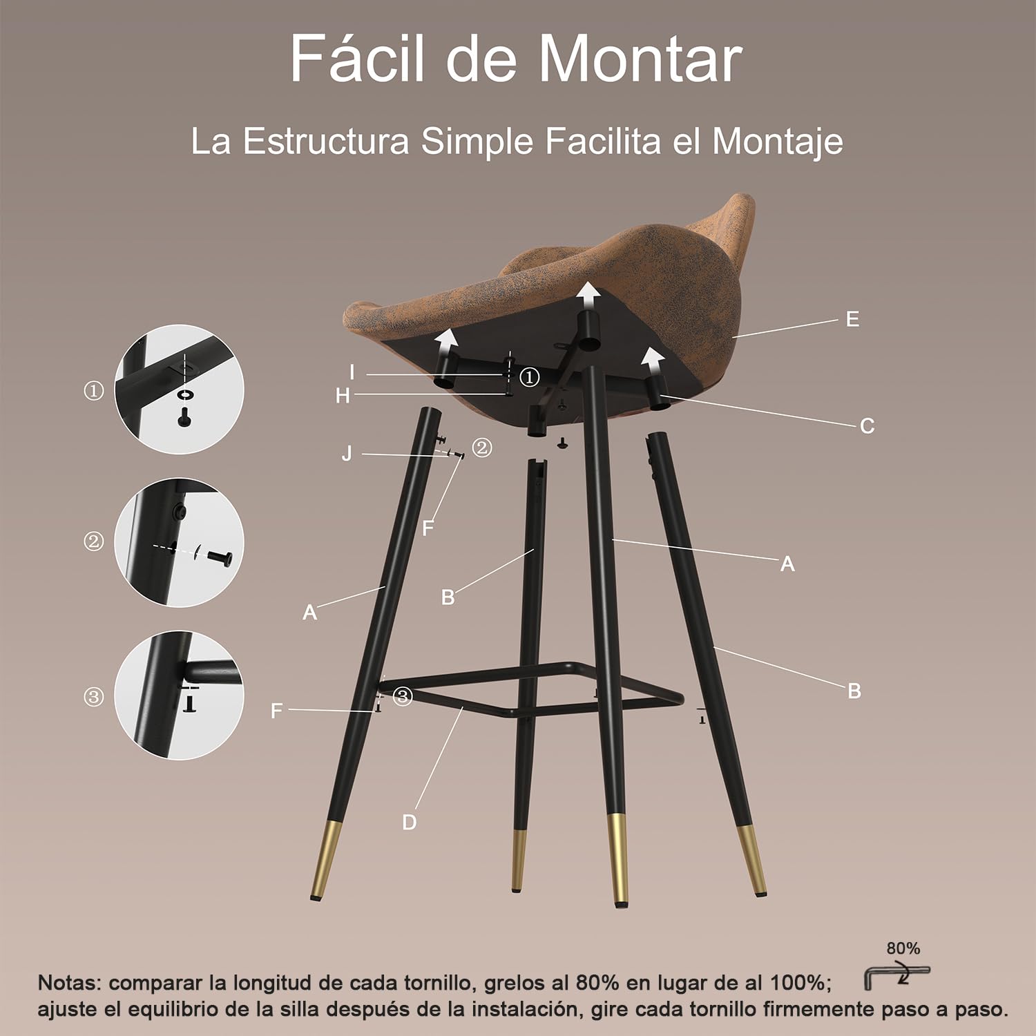 Foto 6 pulgar | Taburete De Bar Furniturer Julian Marrón 48 X 40 X 101 Cm