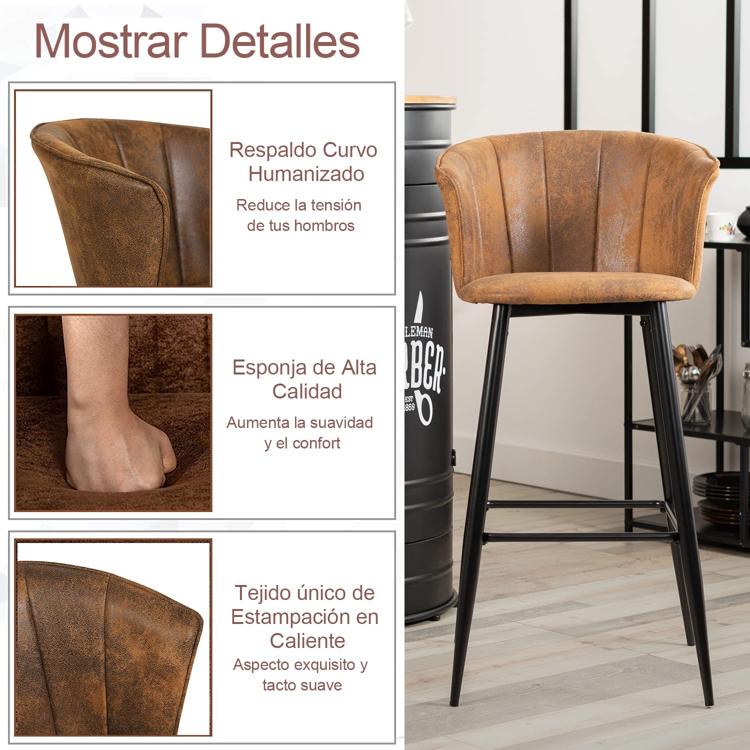 Foto 5 | Taburete De Bar Furniturer Doncic Marrón 45.5 X 44 X 98 Cm