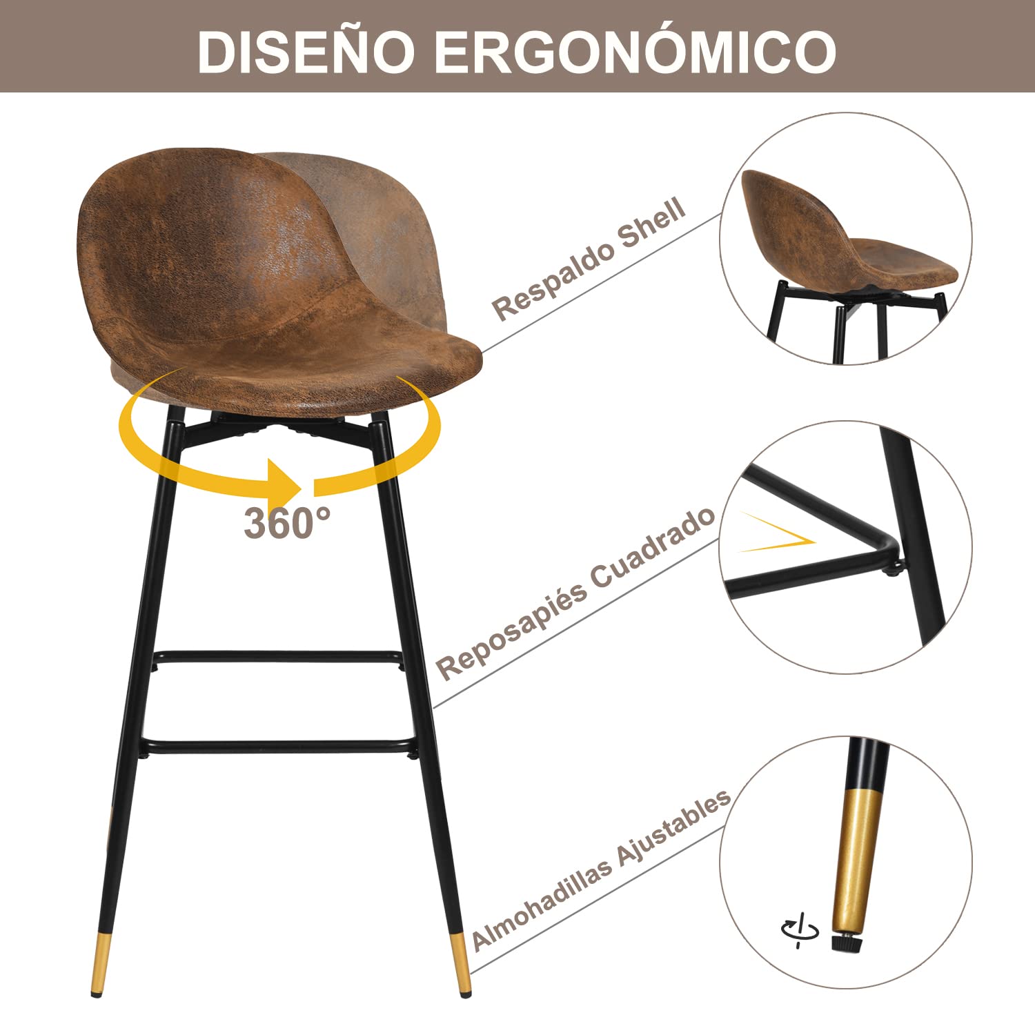 Foto 9 pulgar | Taburete De Bar Furniturer Charlton Marrón 45.5 X 45.5 X 93 Cm
