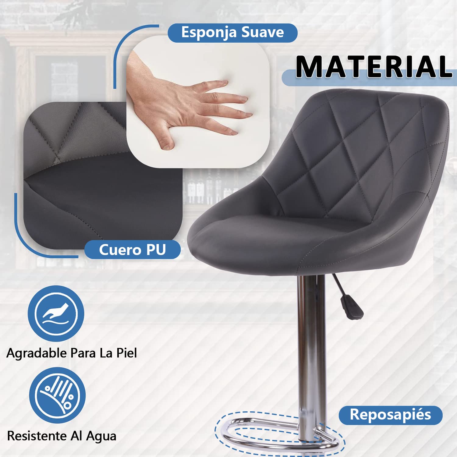 Foto 6 pulgar | Taburete De Bar Furniturer Hatan Gris 38.5 X 38.5 X 83-103 Cm