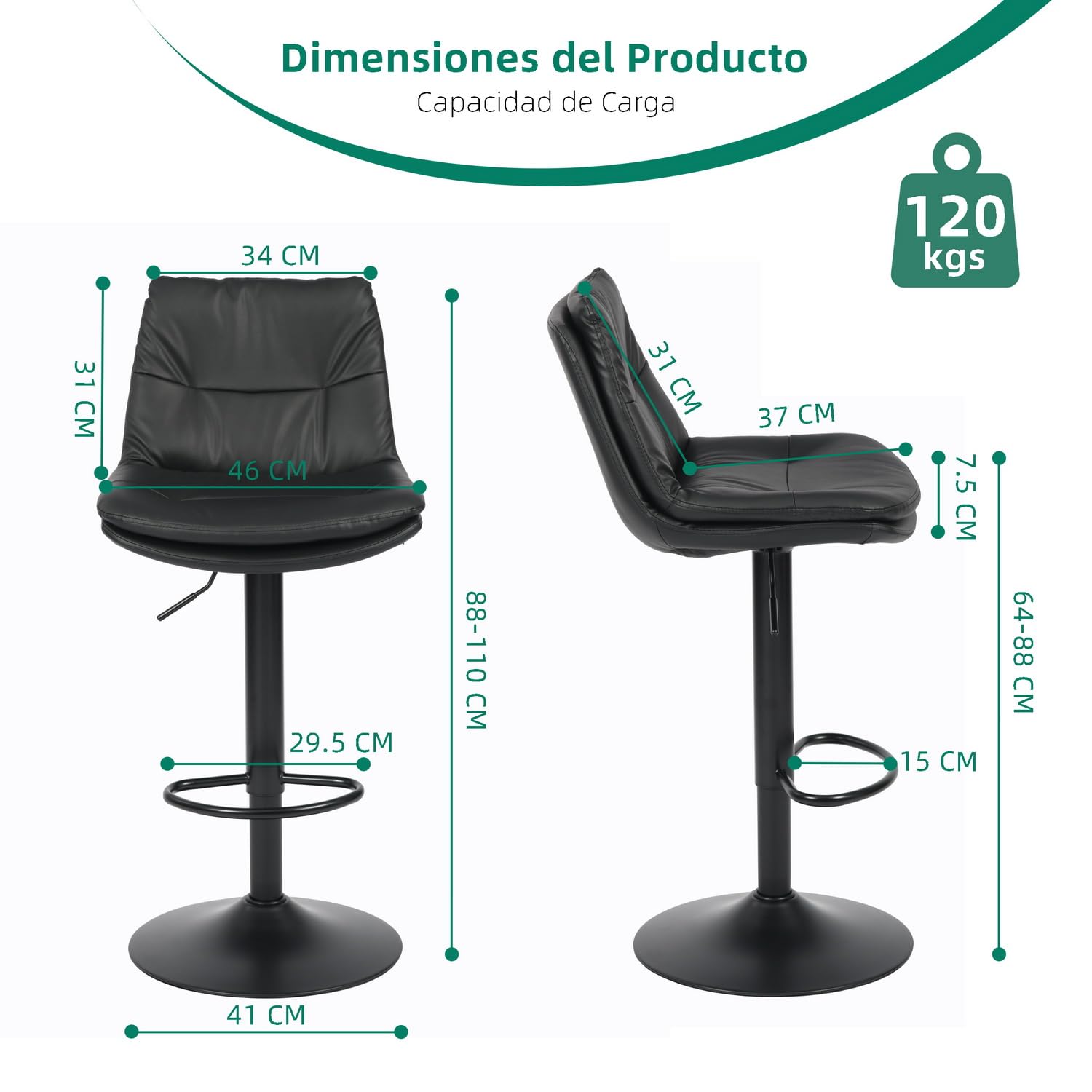 Foto 4 pulgar | Taburete De Bar Furniturer Hober Negro 46 X 41 X 88 - 110 Cm