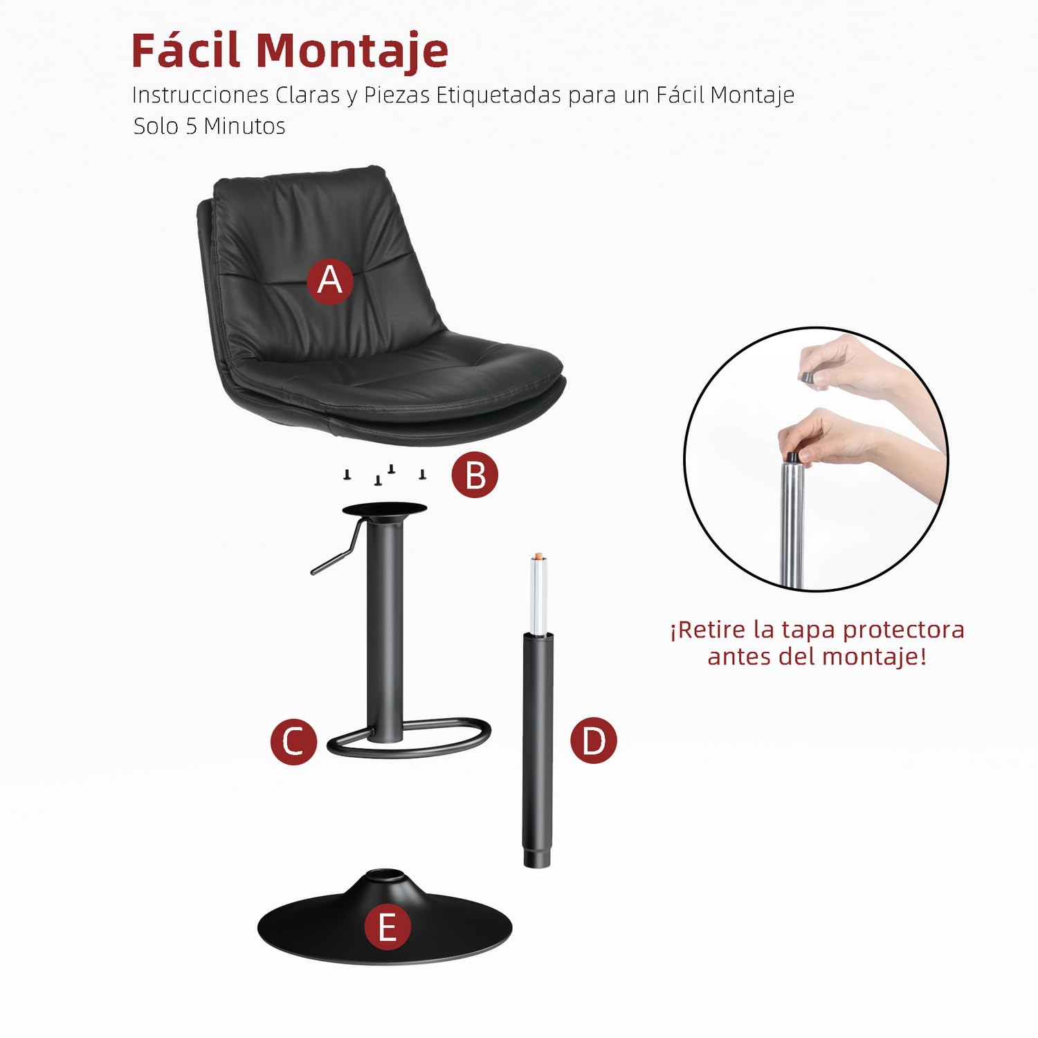 Foto 6 pulgar | Taburete De Bar Furniturer Hober Negro 46 X 41 X 88 - 110 Cm
