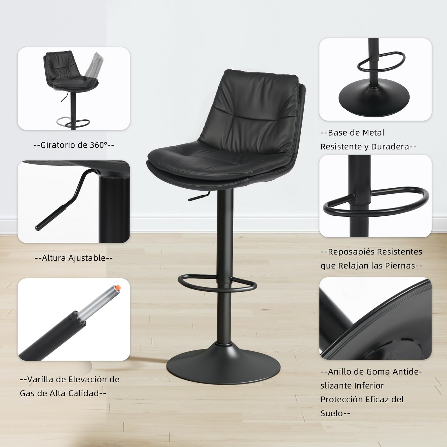 Foto 9 pulgar | Taburete De Bar Furniturer Hober Negro 46 X 41 X 88 - 110 Cm