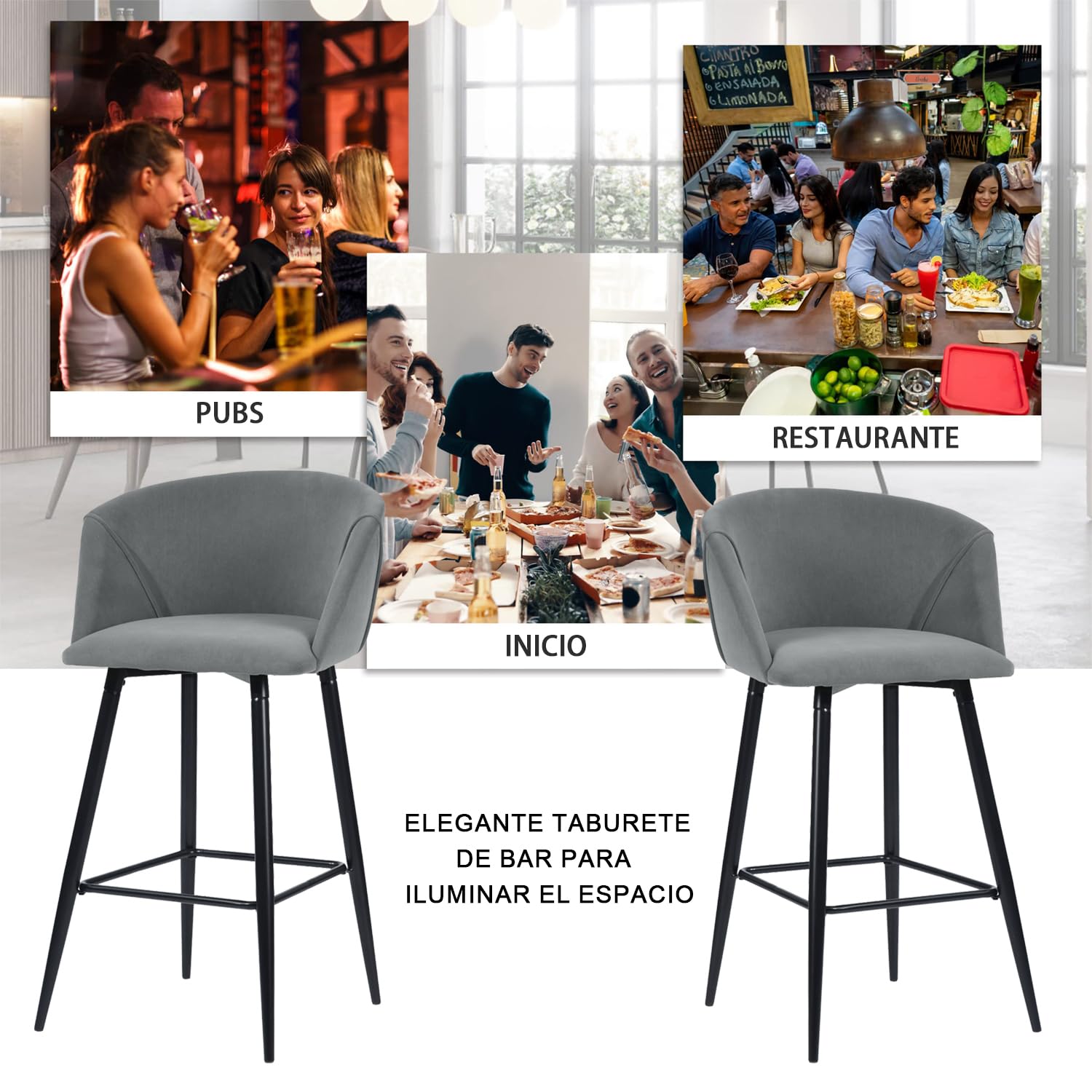 Foto 7 pulgar | Taburete De Bar Furniturer Aldridge Gris 47.5 X 47.5 X 97 Cm