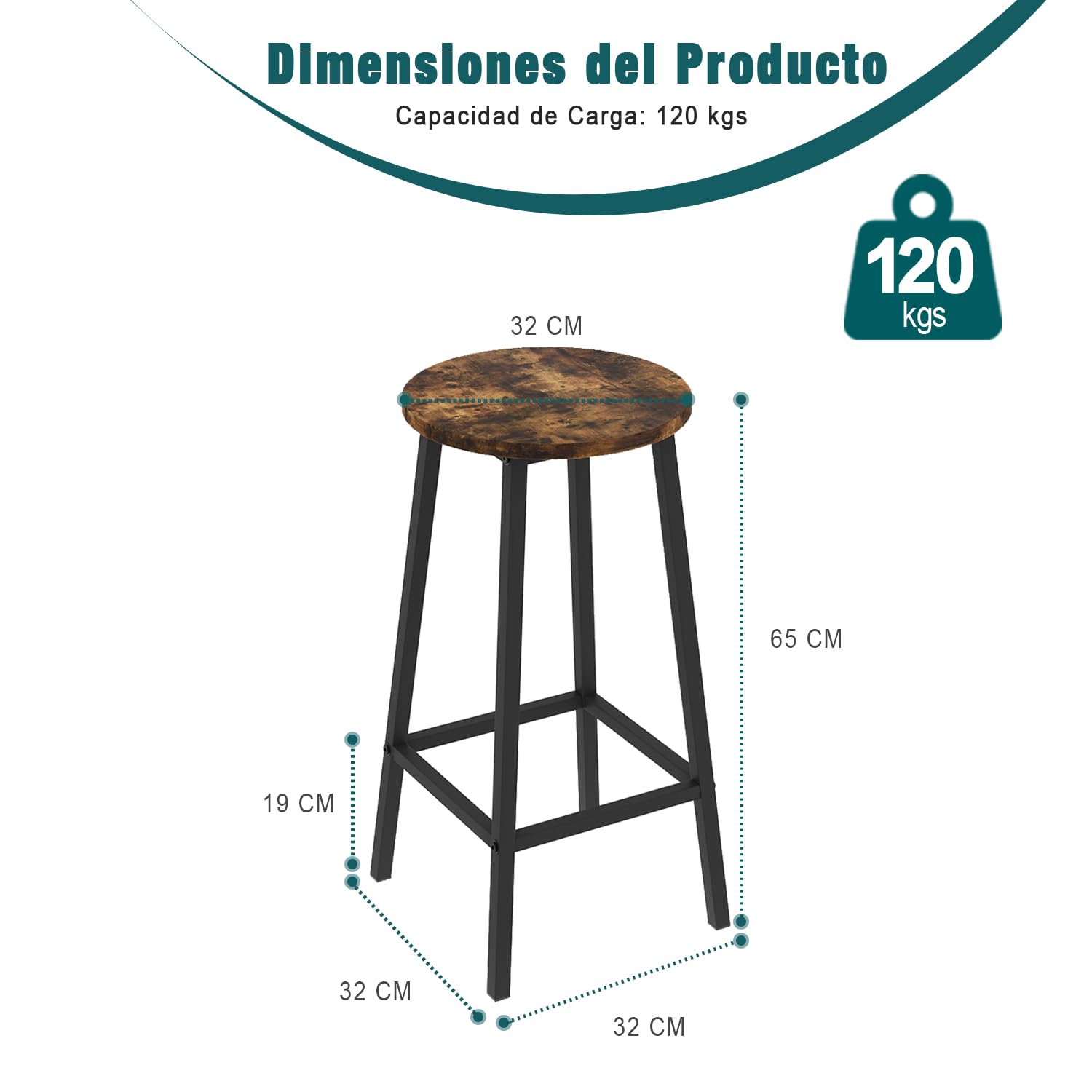 Foto 3 pulgar | Taburete De Bar Furniturer Turiel Marrón 32 X 32 X 65 Cm