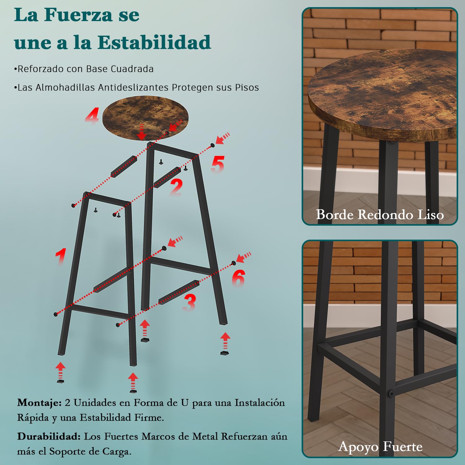 Foto 7 pulgar | Taburete De Bar Furniturer Turiel Marrón 32 X 32 X 65 Cm