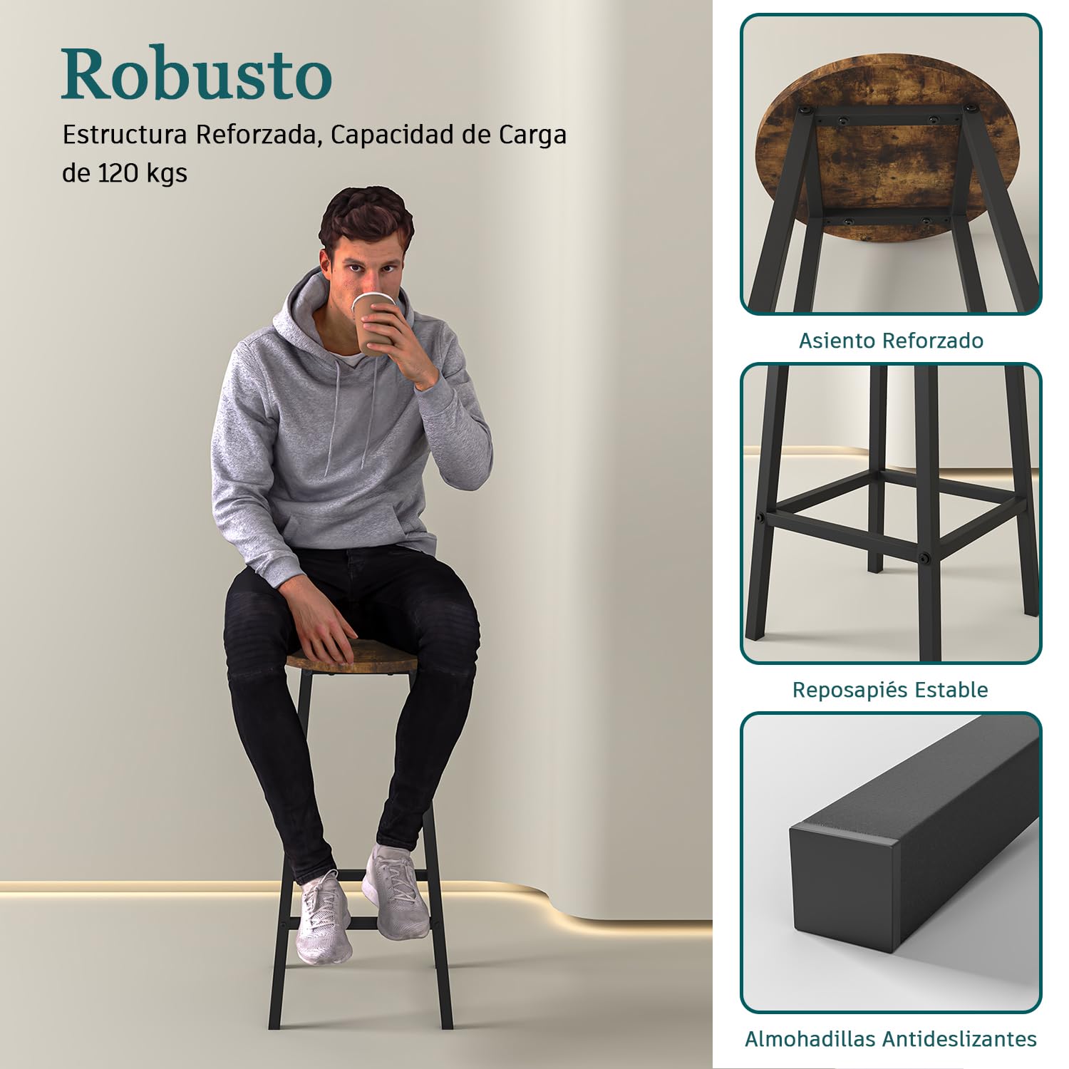 Foto 7 | Taburete De Bar Furniturer Turiel Marrón 32 X 32 X 65 Cm