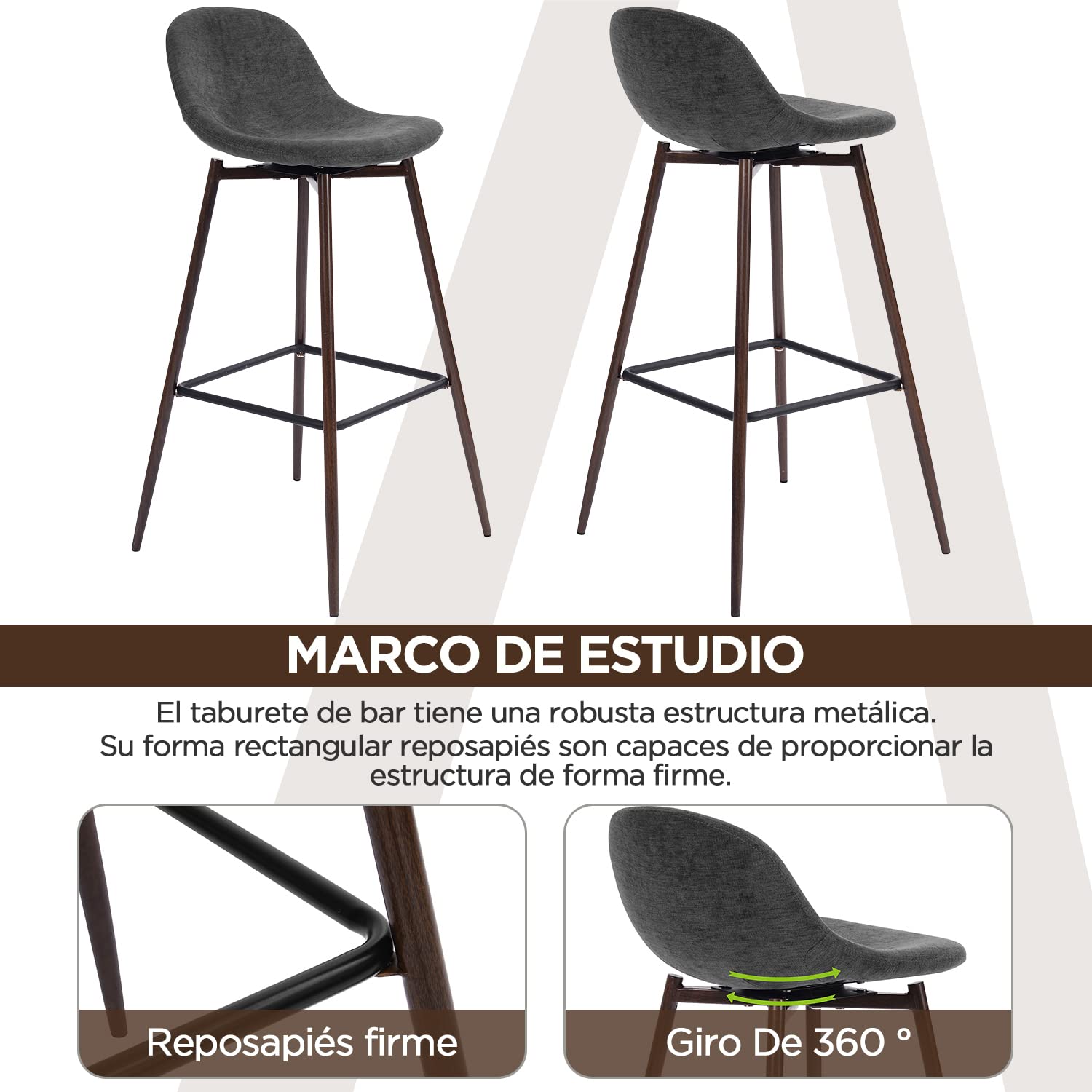 Foto 6 pulgar | Taburete De Bar Furniturer Charlton Gris 45.5 X 45.5 X 93 Cm