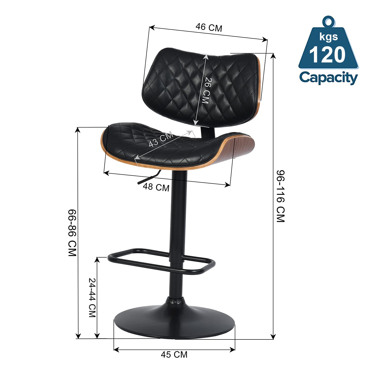 Foto 4 pulgar | Taburete De Bar Furniturer Donte Negro 48 X 45 X 96-116 Cm