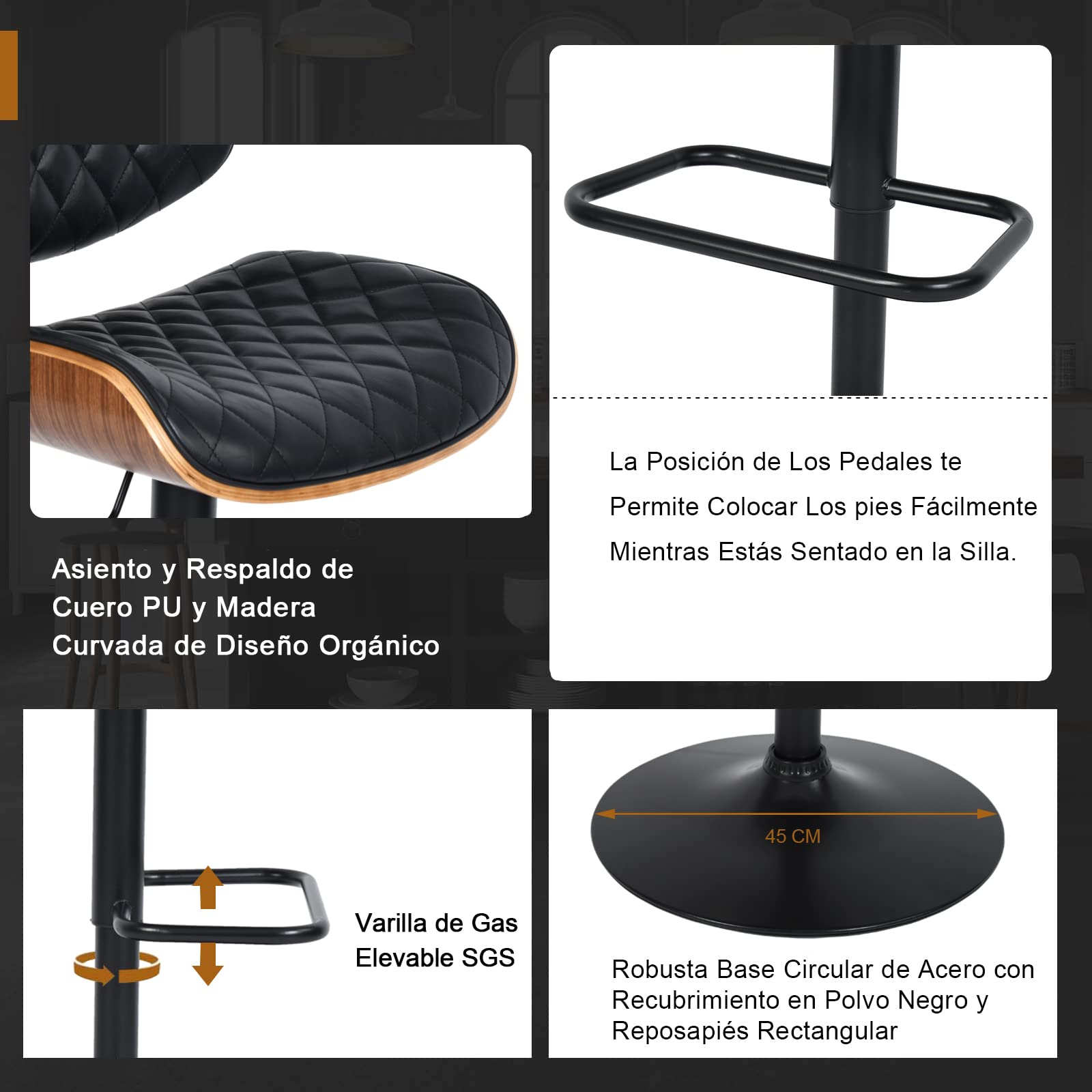 Foto 6 pulgar | Taburete De Bar Furniturer Donte Negro 48 X 45 X 96-116 Cm