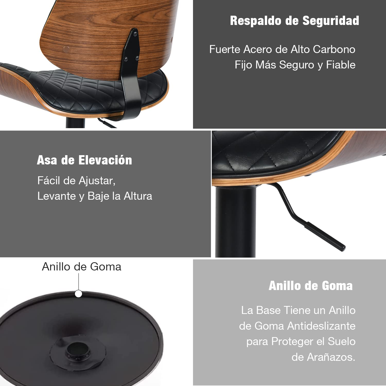 Foto 7 pulgar | Taburete De Bar Furniturer Donte Negro 48 X 45 X 96-116 Cm