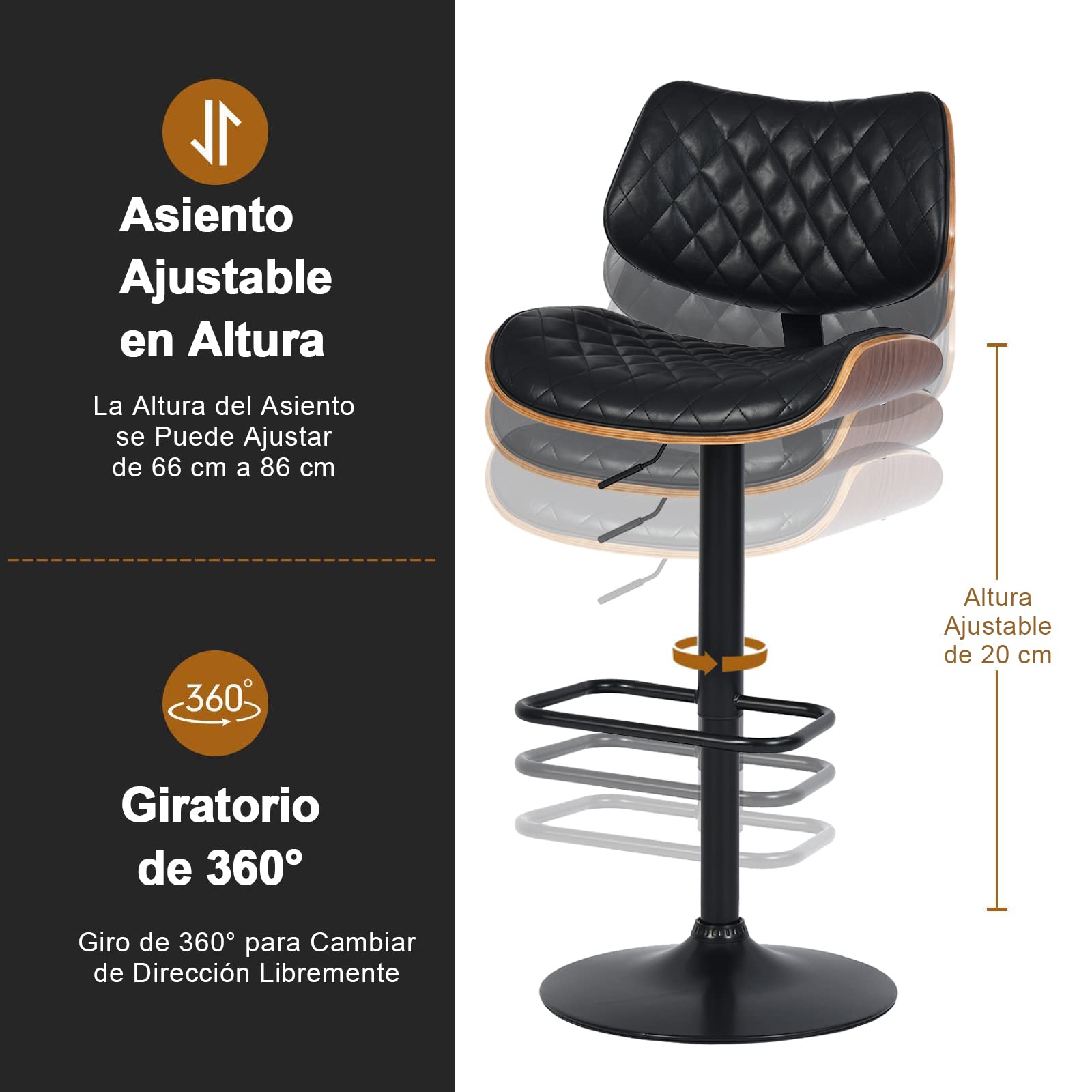 Foto 7 | Taburete De Bar Furniturer Donte Negro 48 X 45 X 96-116 Cm