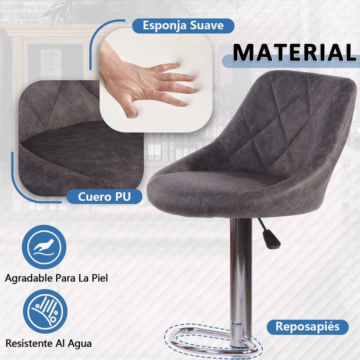 Foto 6 pulgar | Taburete De Bar Furniturer Hatan Gris Oscuro 38.5 X 38.5 X 83-103 Cm