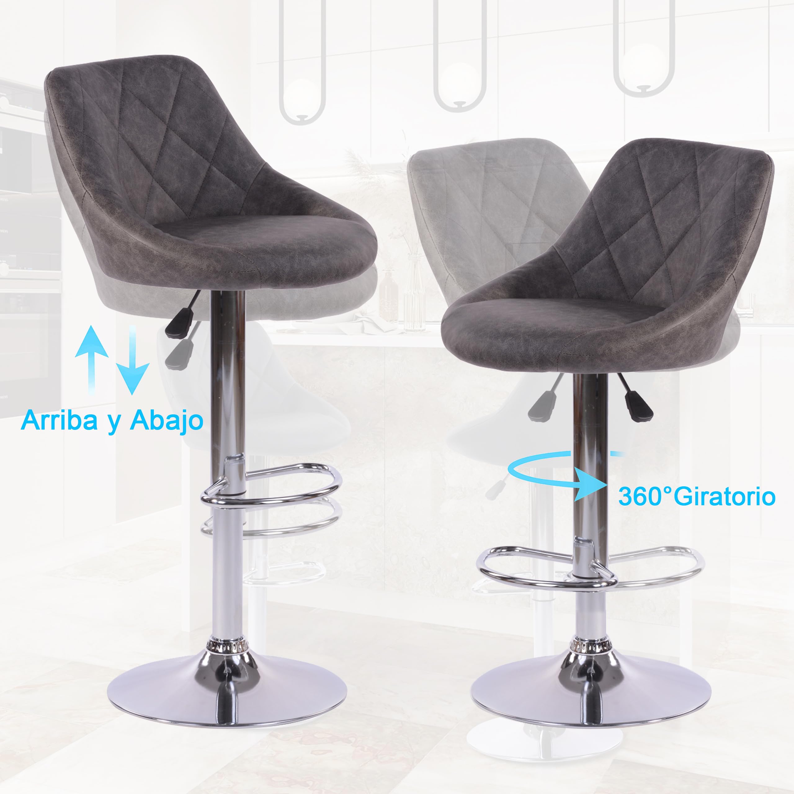 Foto 6 | Taburete De Bar Furniturer Hatan Gris Oscuro 38.5 X 38.5 X 83-103 Cm